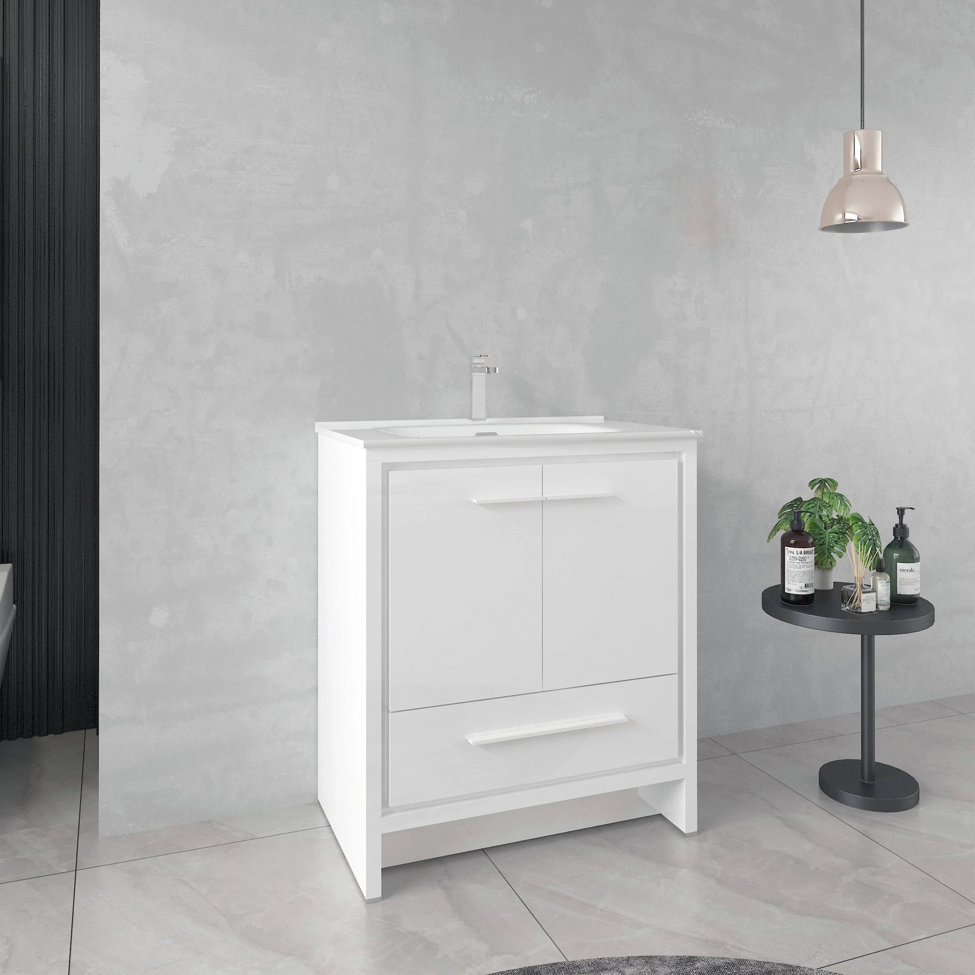 30" Matte White Freestanding Bathroom Vanity with White Ceramic Countertop-Migration_Bathroom Vanities-DECOROLALA