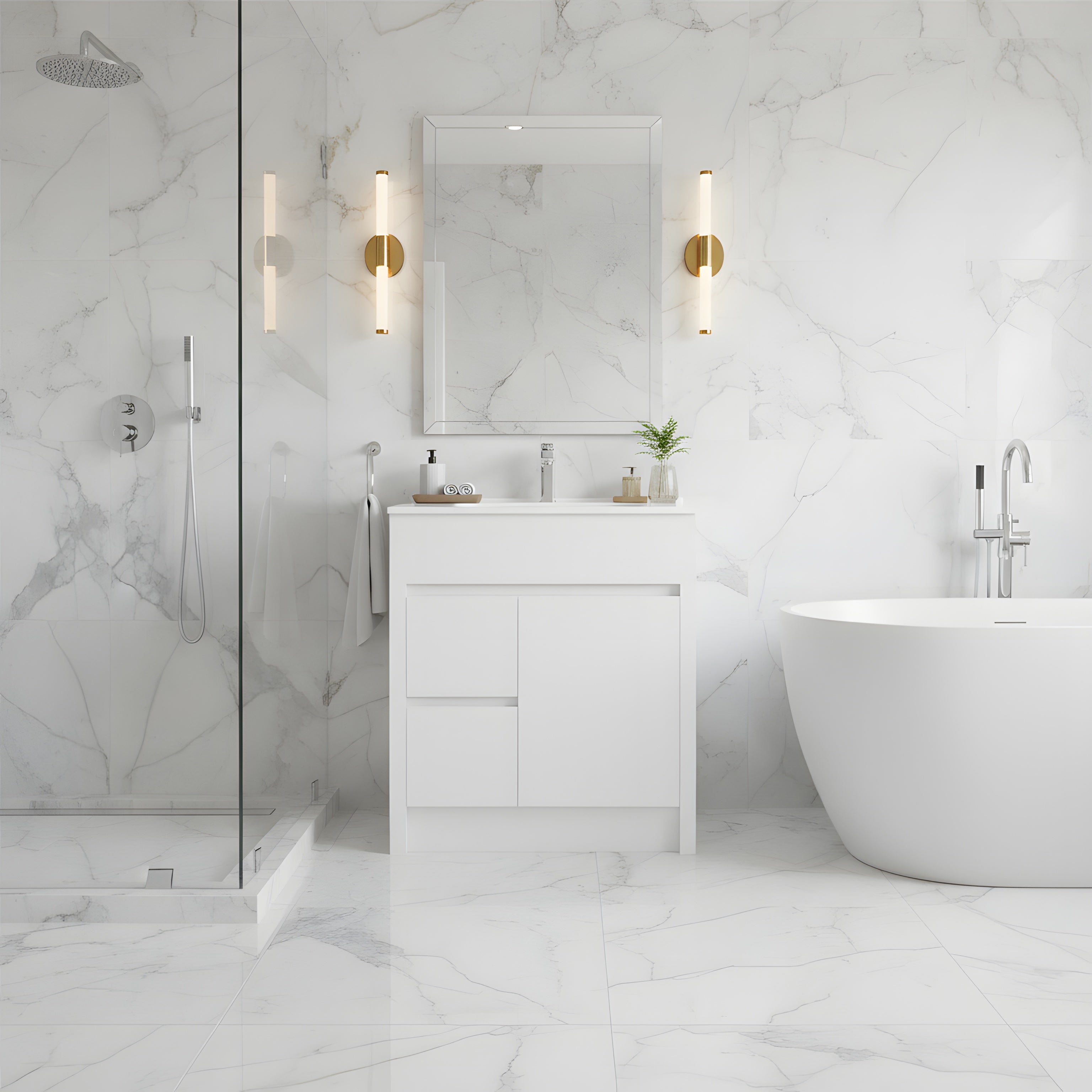 30" Matte White Freestanding Bathroom Vanity with White Ceramic Countertop-Migration_Bathroom Vanities-DECOROLALA