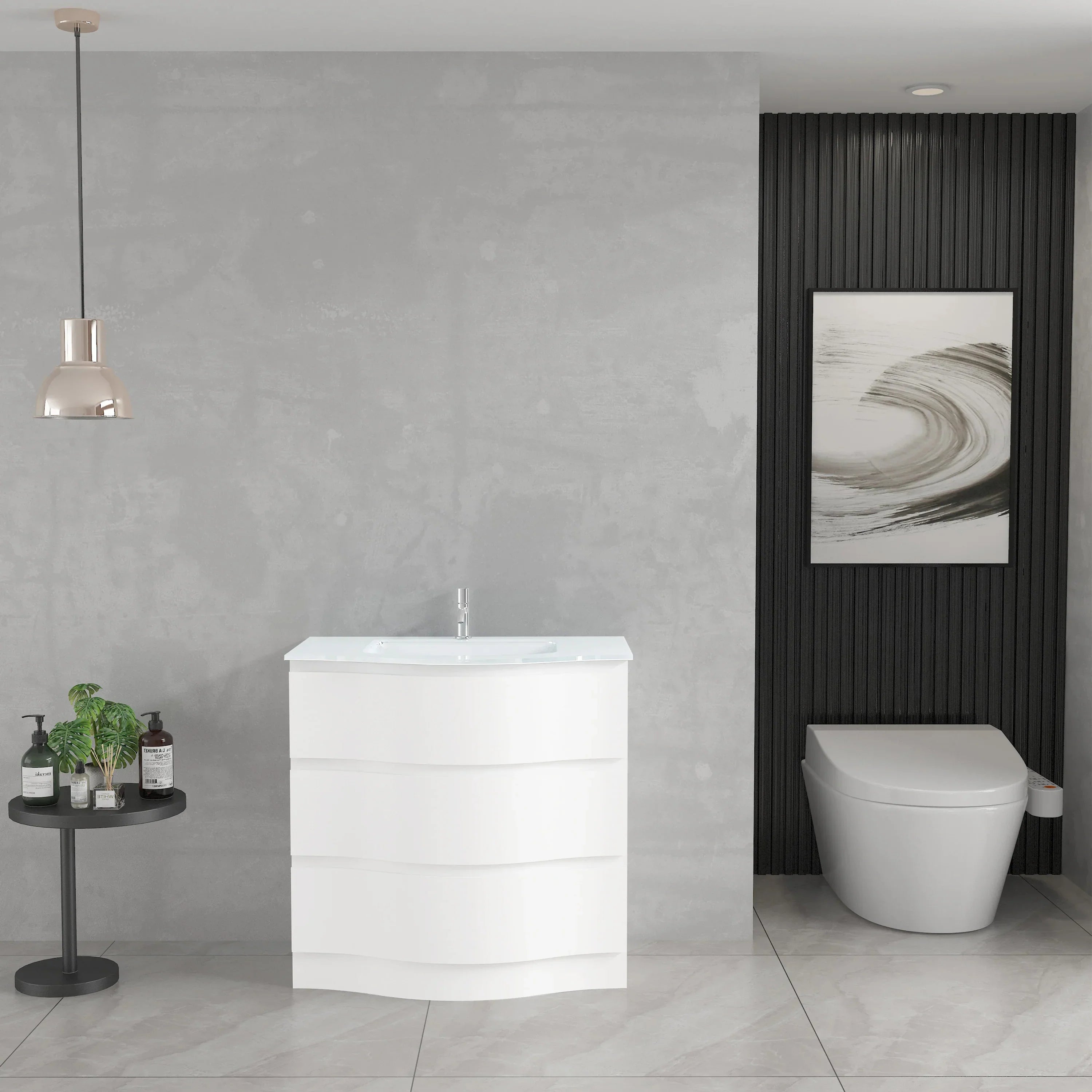 30" Matte White Freestanding Single Sink Bathroom Vanity with White Glass Countertop-Migration_Bathroom Vanities-DECOROLALA