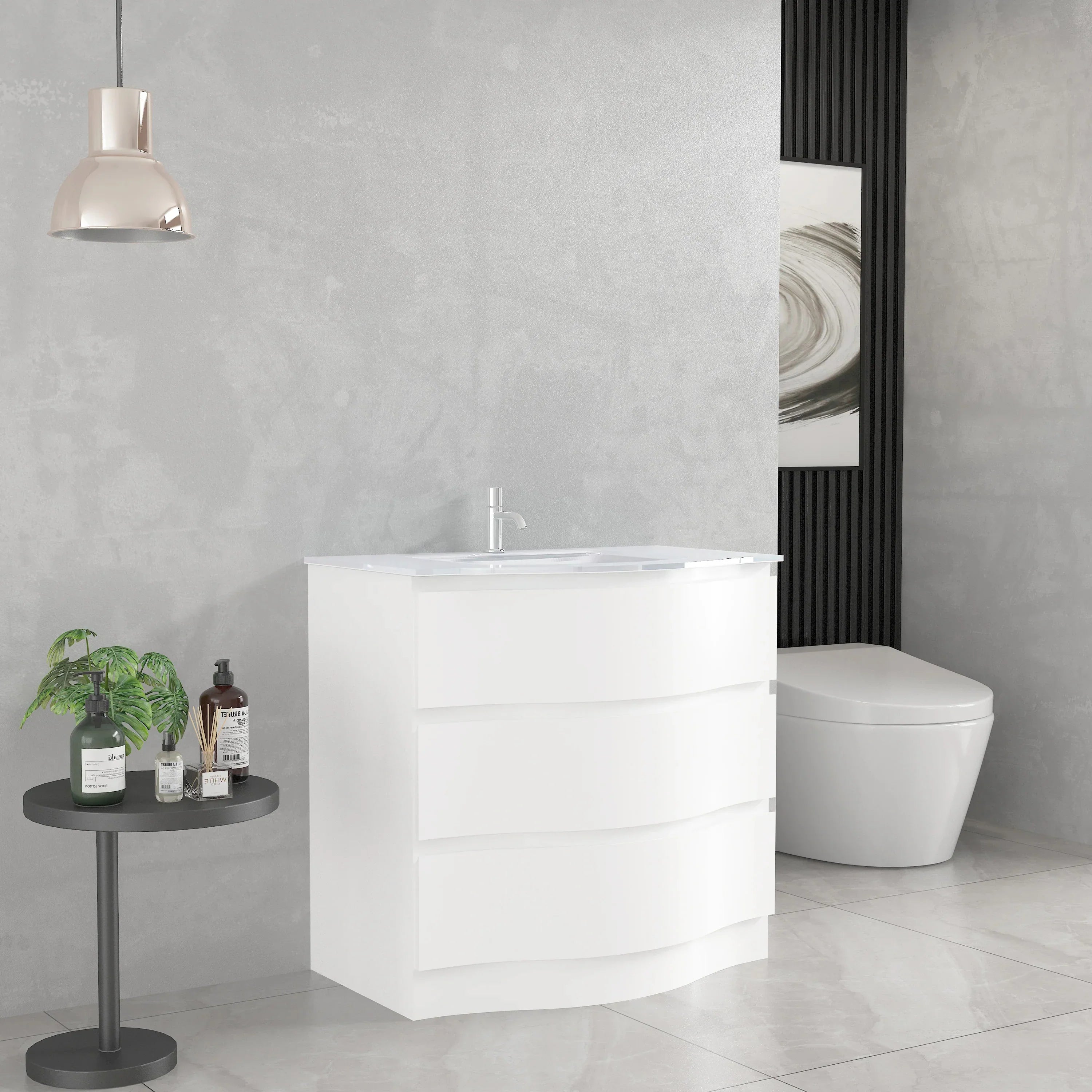 30" Matte White Freestanding Single Sink Bathroom Vanity with White Glass Countertop-Migration_Bathroom Vanities-DECOROLALA
