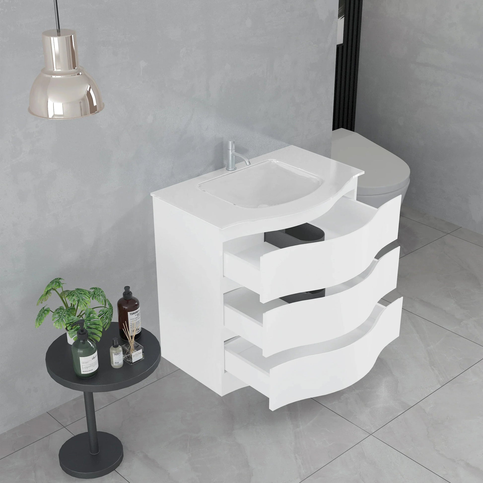 30" Matte White Freestanding Single Sink Bathroom Vanity with White Glass Countertop-Migration_Bathroom Vanities-DECOROLALA