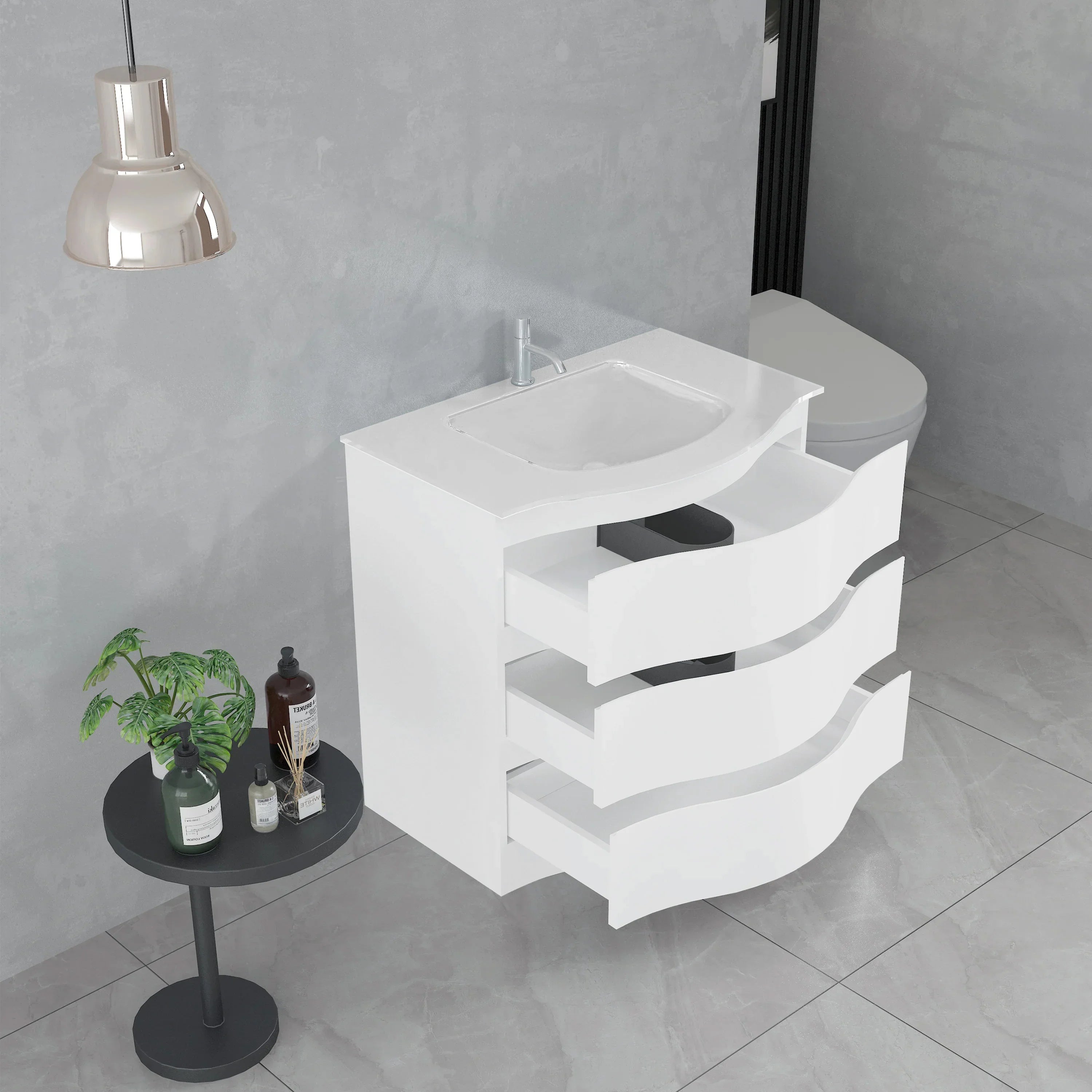30" Matte White Freestanding Single Sink Bathroom Vanity with White Glass Countertop-Migration_Bathroom Vanities-DECOROLALA