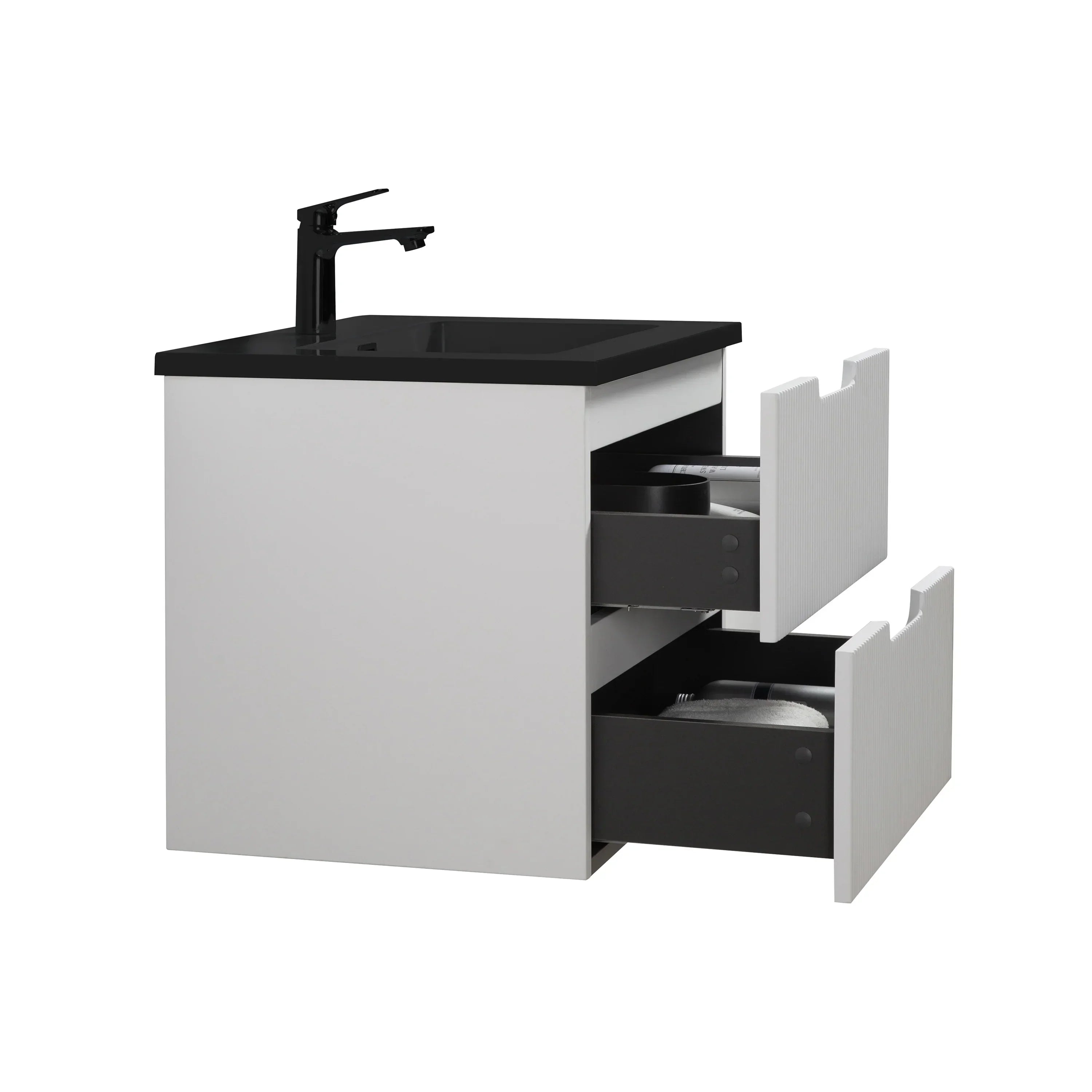 30" Matte White Wall Mount Bathroom Vanity with Black Engineered Quartz Countertop-Migration_Bathroom Vanities-DECOROLALA