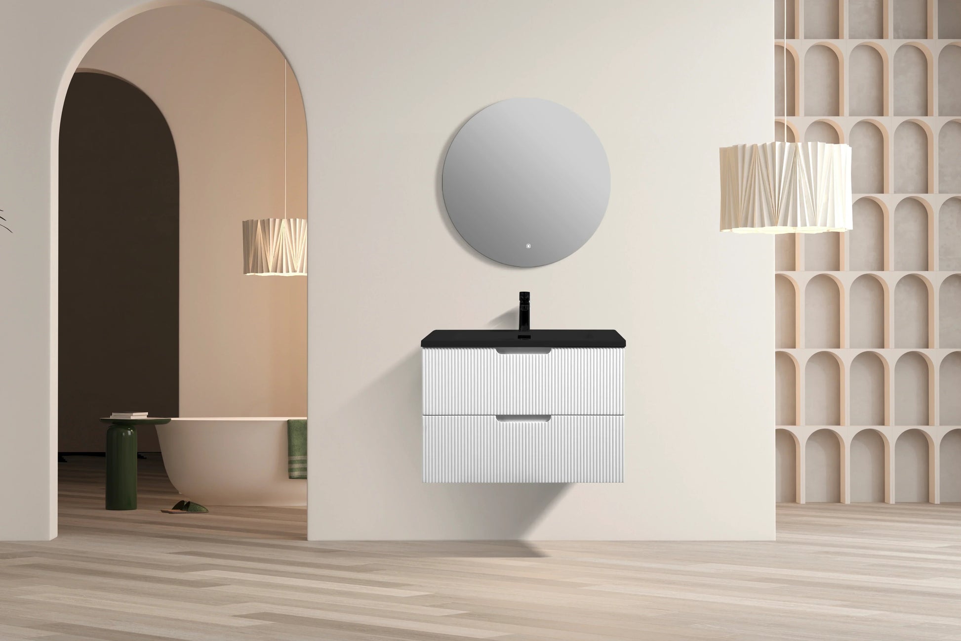 30" Matte White Wall Mount Bathroom Vanity with Black Engineered Quartz Countertop-Migration_Bathroom Vanities-DECOROLALA