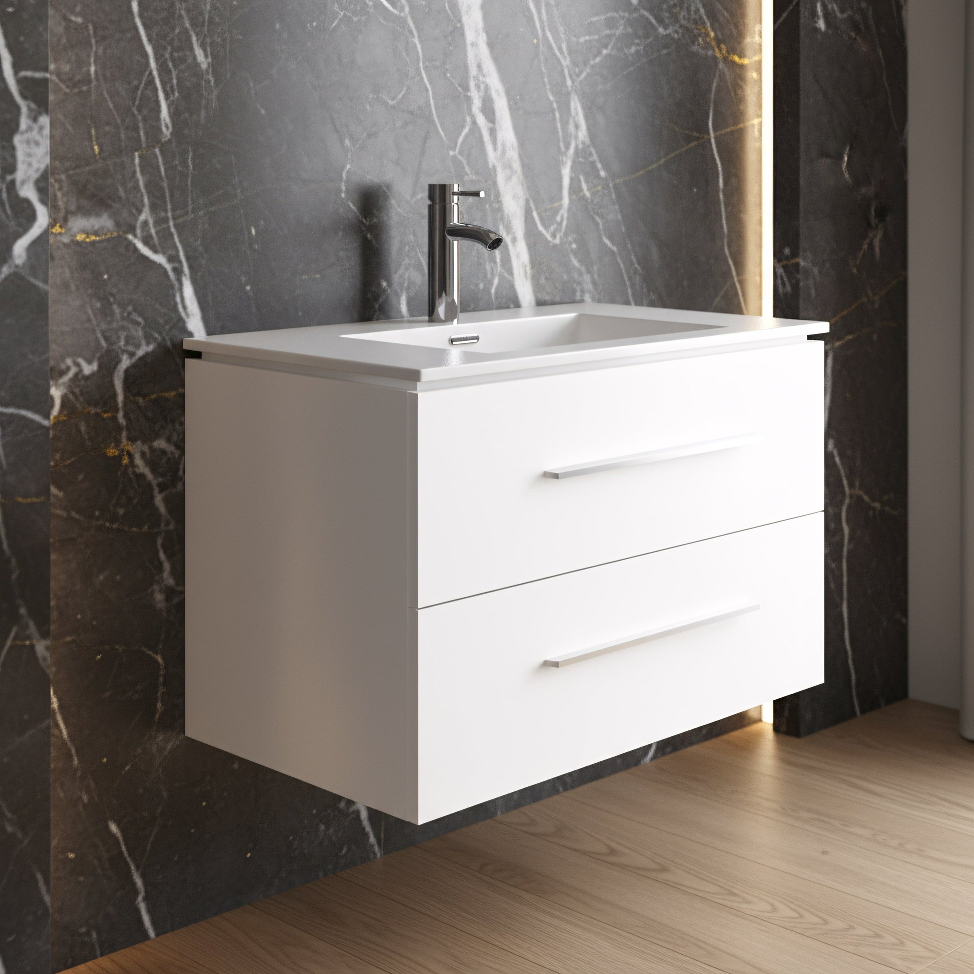 30" Matte White Wall Mount Bathroom Vanity with White Ceramic Countertop-Migration_Bathroom Vanities-DECOROLALA