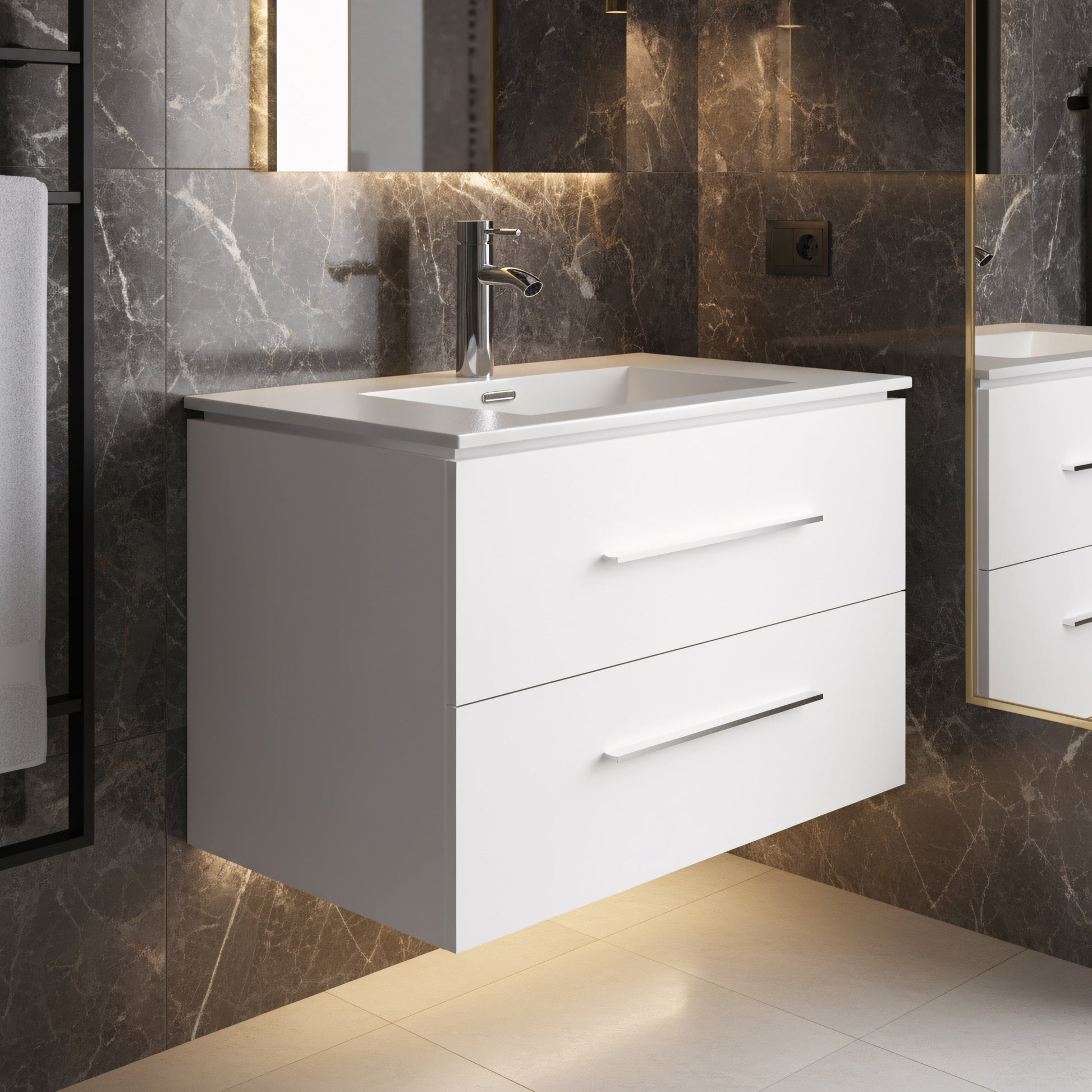 30" Matte White Wall Mount Bathroom Vanity with White Ceramic Countertop-Migration_Bathroom Vanities-DECOROLALA