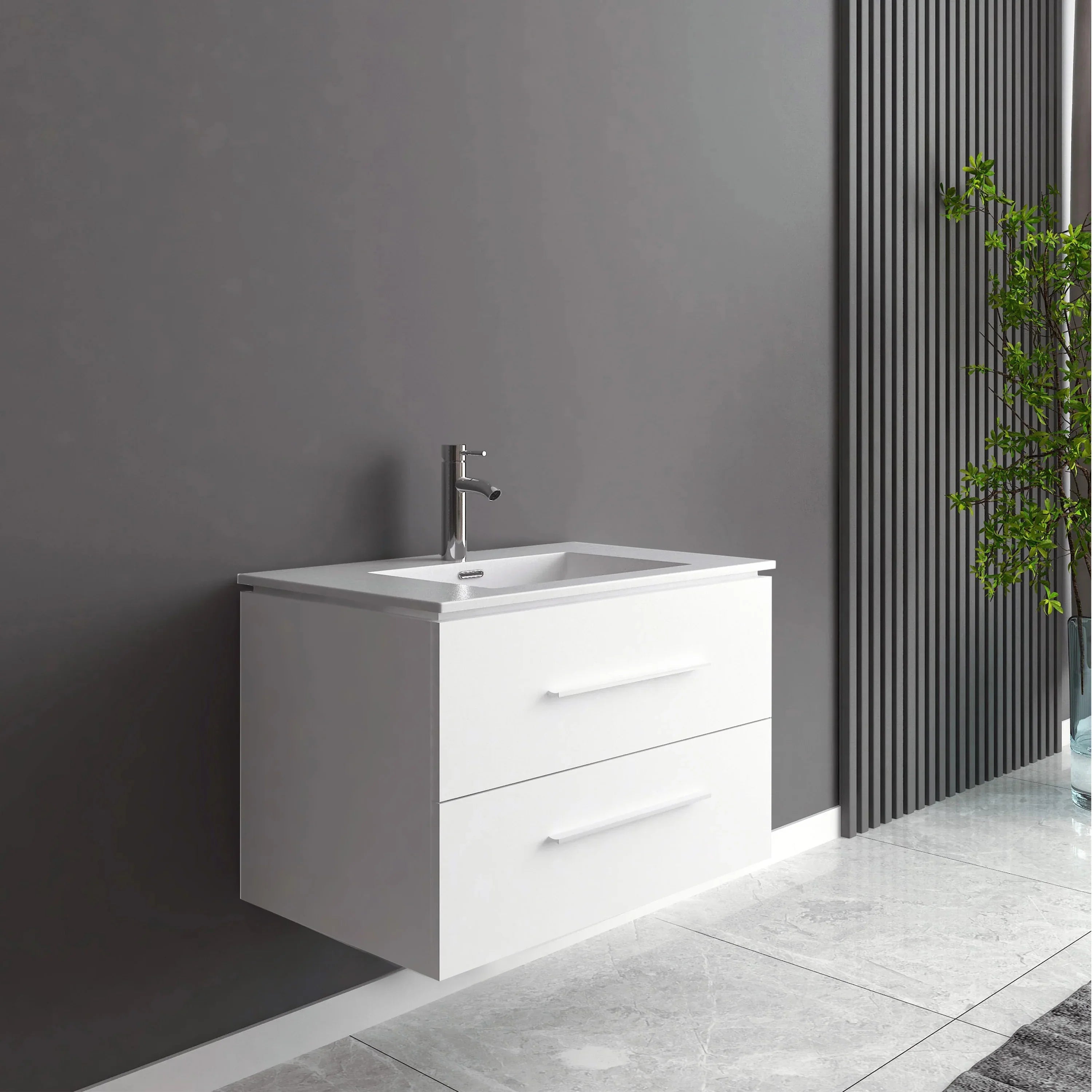30" Matte White Wall Mount Bathroom Vanity with White Ceramic Countertop-Migration_Bathroom Vanities-DECOROLALA