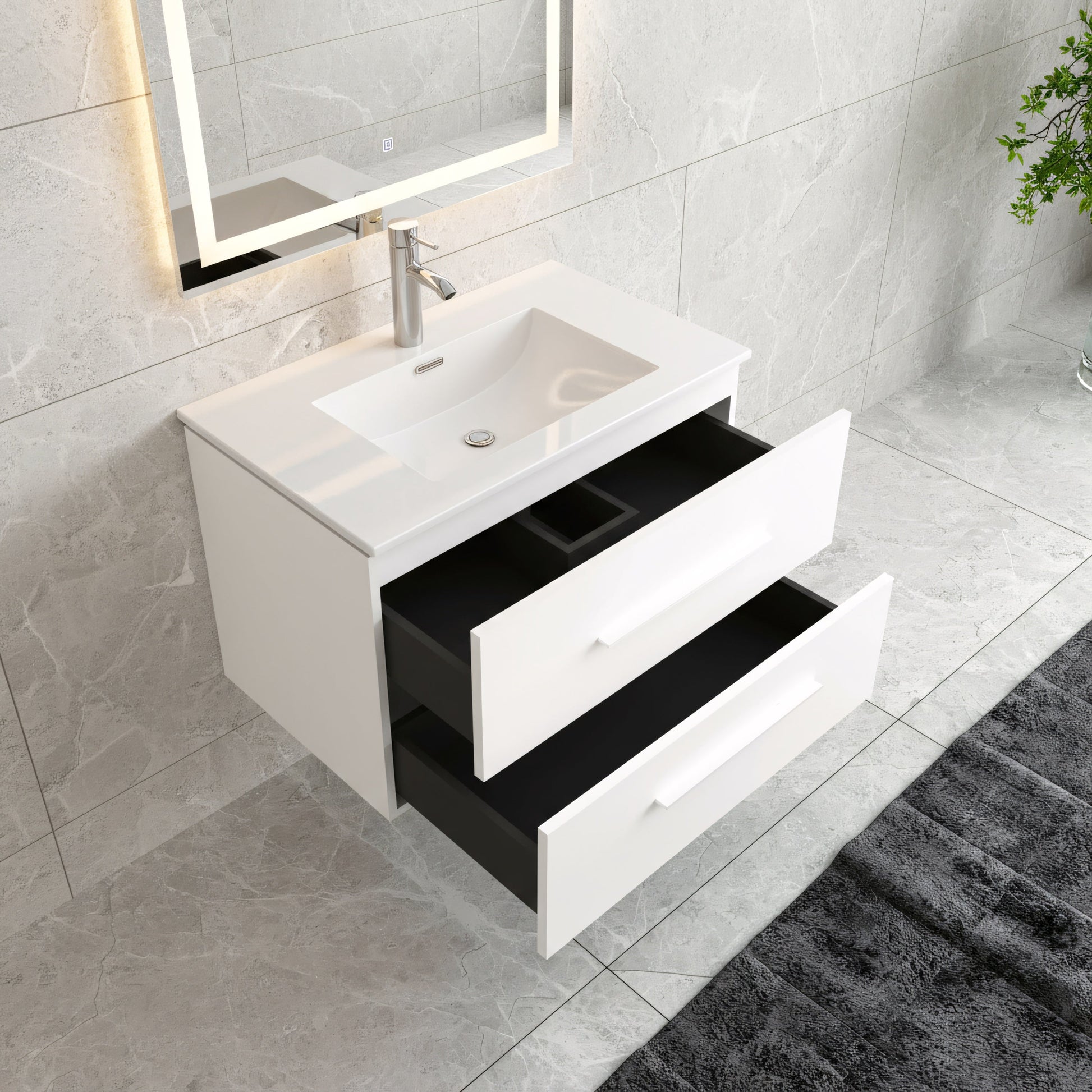 30" Matte White Wall Mount Bathroom Vanity with White Ceramic Countertop-Migration_Bathroom Vanities-DECOROLALA