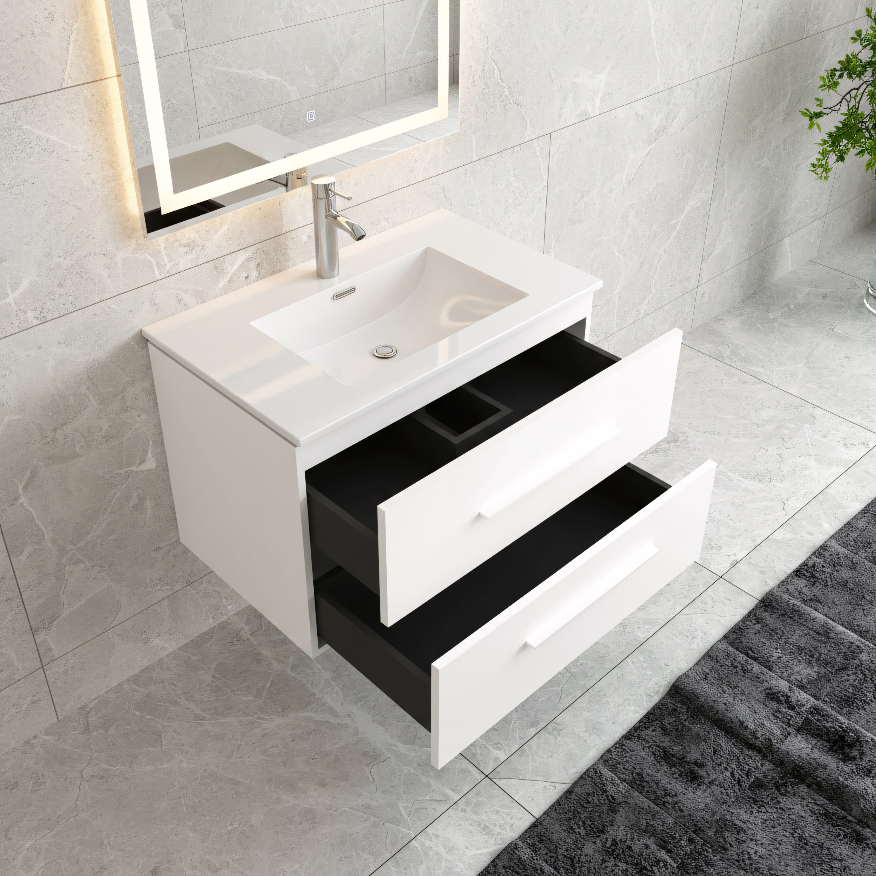 30" Matte White Wall Mount Bathroom Vanity with White Ceramic Countertop-Migration_Bathroom Vanities-DECOROLALA