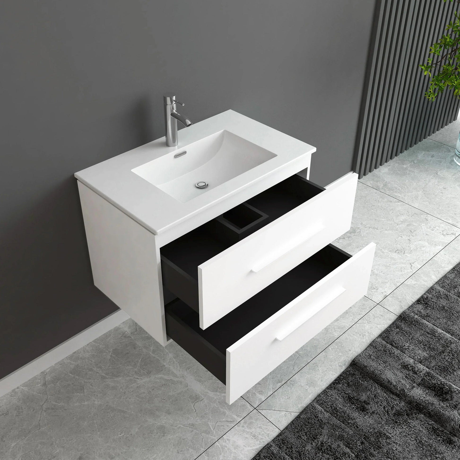 30" Matte White Wall Mount Bathroom Vanity with White Ceramic Countertop-Migration_Bathroom Vanities-DECOROLALA