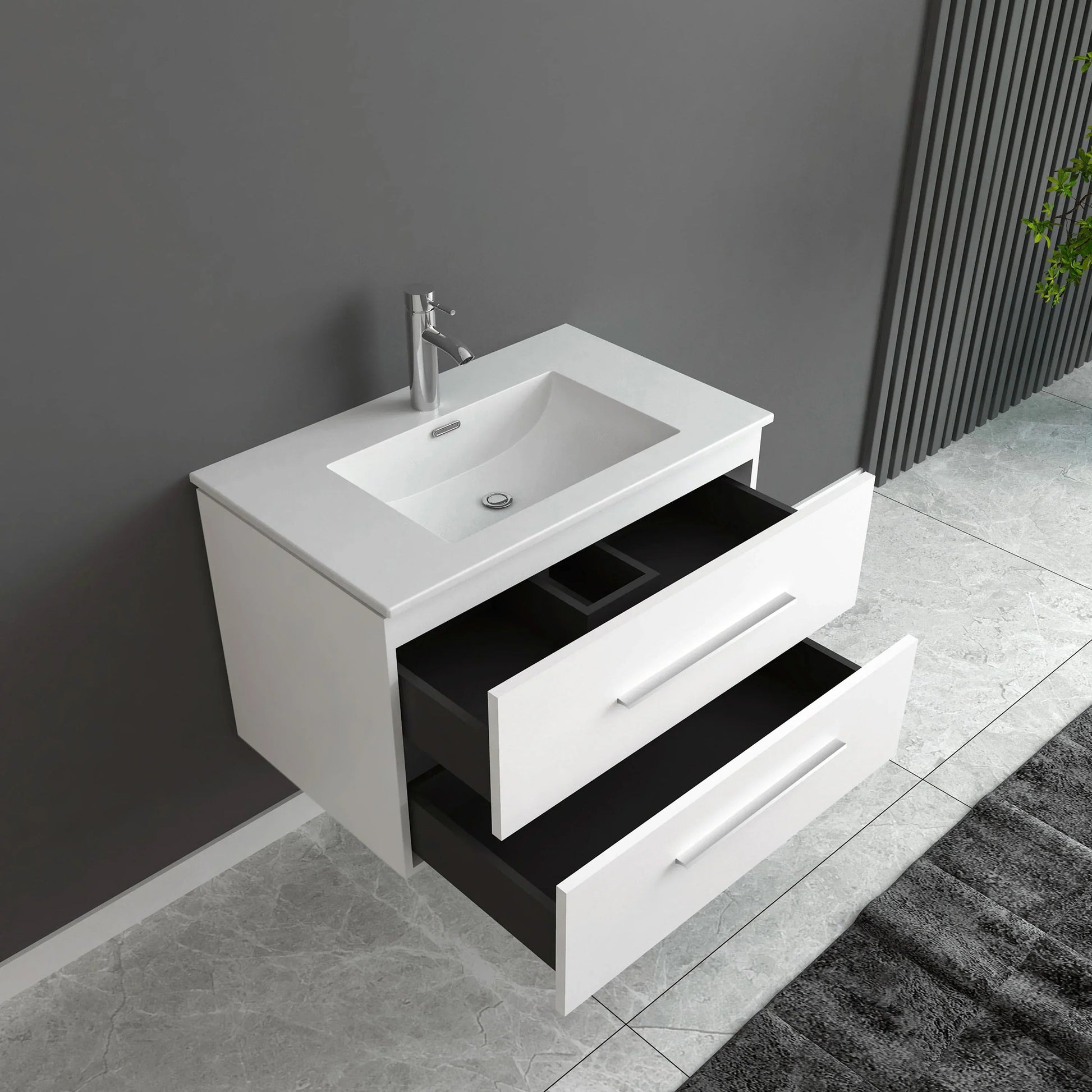 30" Matte White Wall Mount Bathroom Vanity with White Ceramic Countertop-Migration_Bathroom Vanities-DECOROLALA