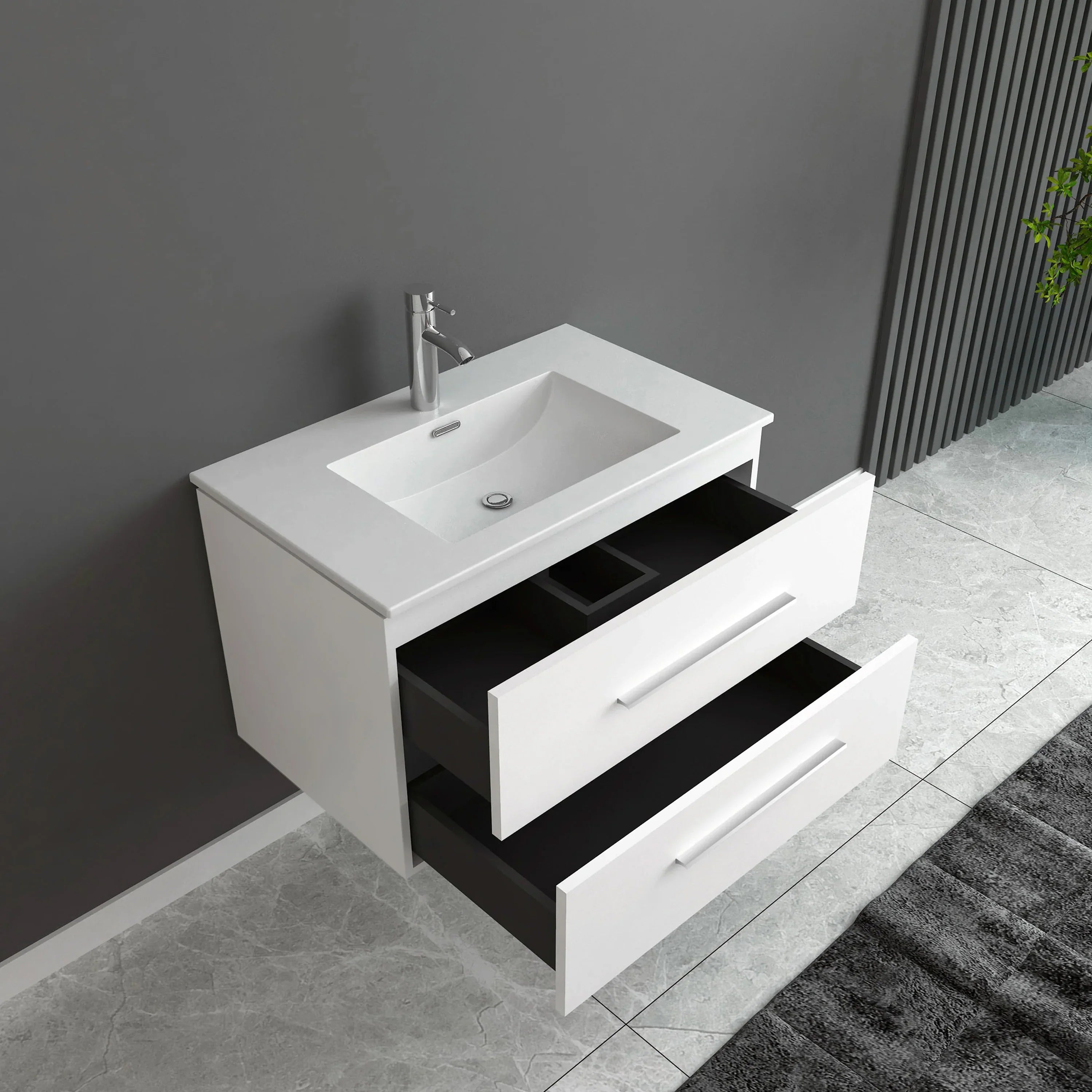 30" Matte White Wall Mount Bathroom Vanity with White Ceramic Countertop-Migration_Bathroom Vanities-DECOROLALA