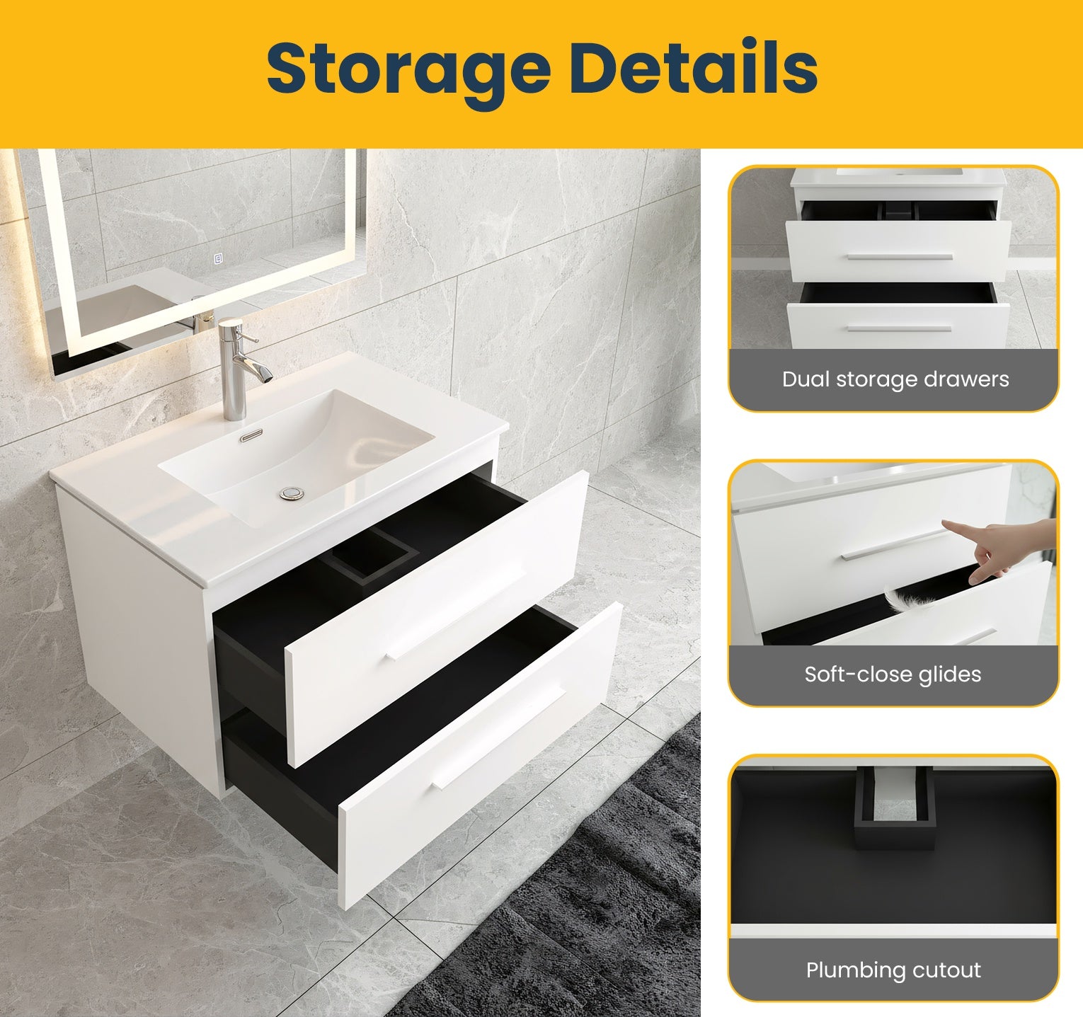 30" Matte White Wall Mount Bathroom Vanity with White Ceramic Countertop-Migration_Bathroom Vanities-DECOROLALA