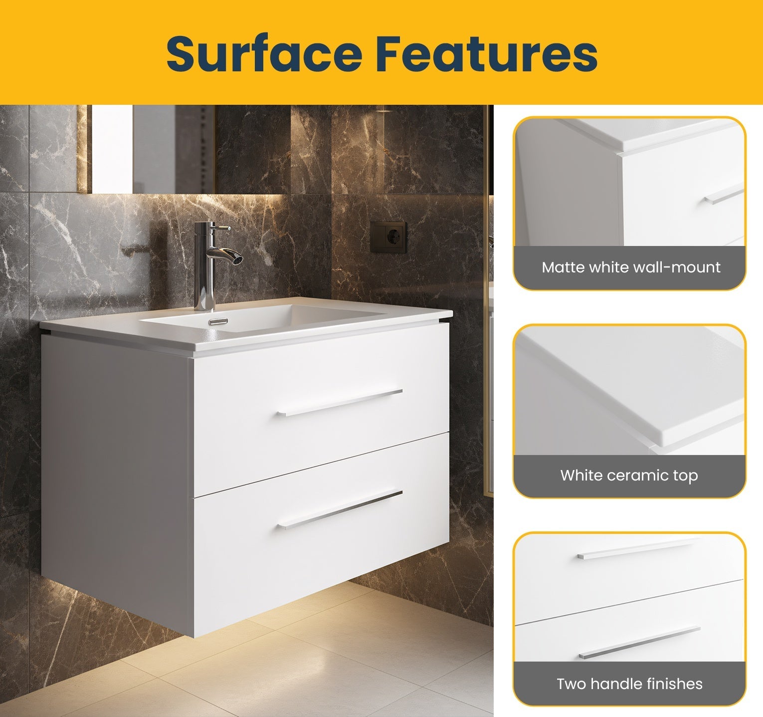 30" Matte White Wall Mount Bathroom Vanity with White Ceramic Countertop-Migration_Bathroom Vanities-DECOROLALA