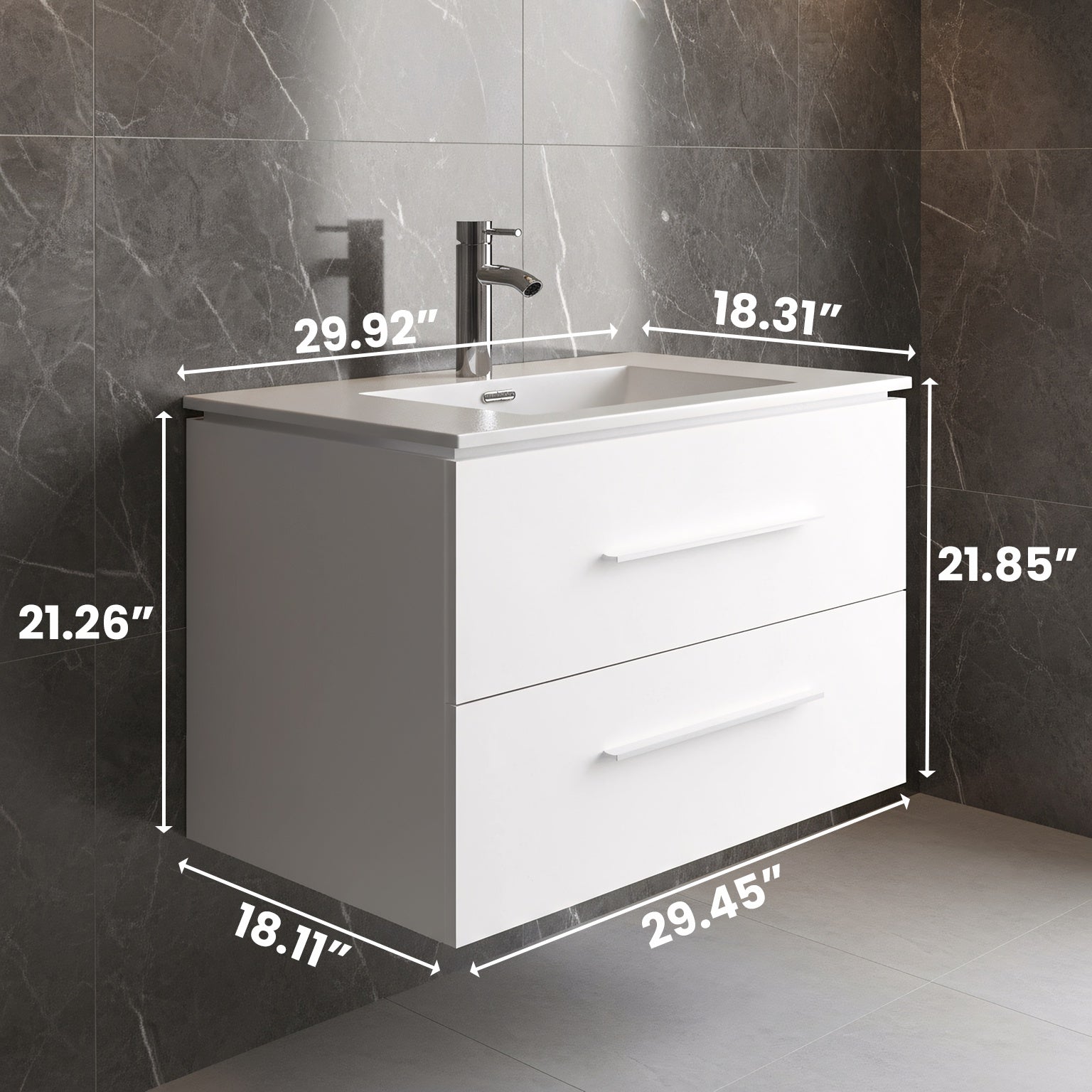 30" Matte White Wall Mount Bathroom Vanity with White Ceramic Countertop-Migration_Bathroom Vanities-DECOROLALA