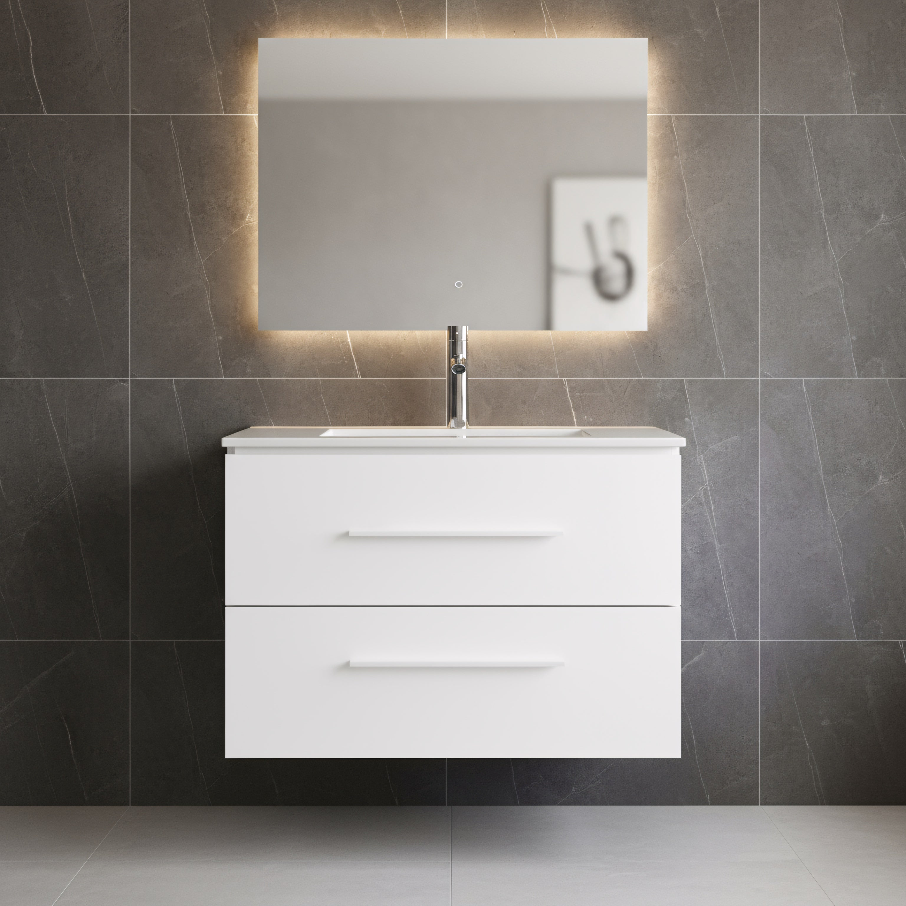 30" Matte White Wall Mount Bathroom Vanity with White Ceramic Countertop-Migration_Bathroom Vanities-DECOROLALA