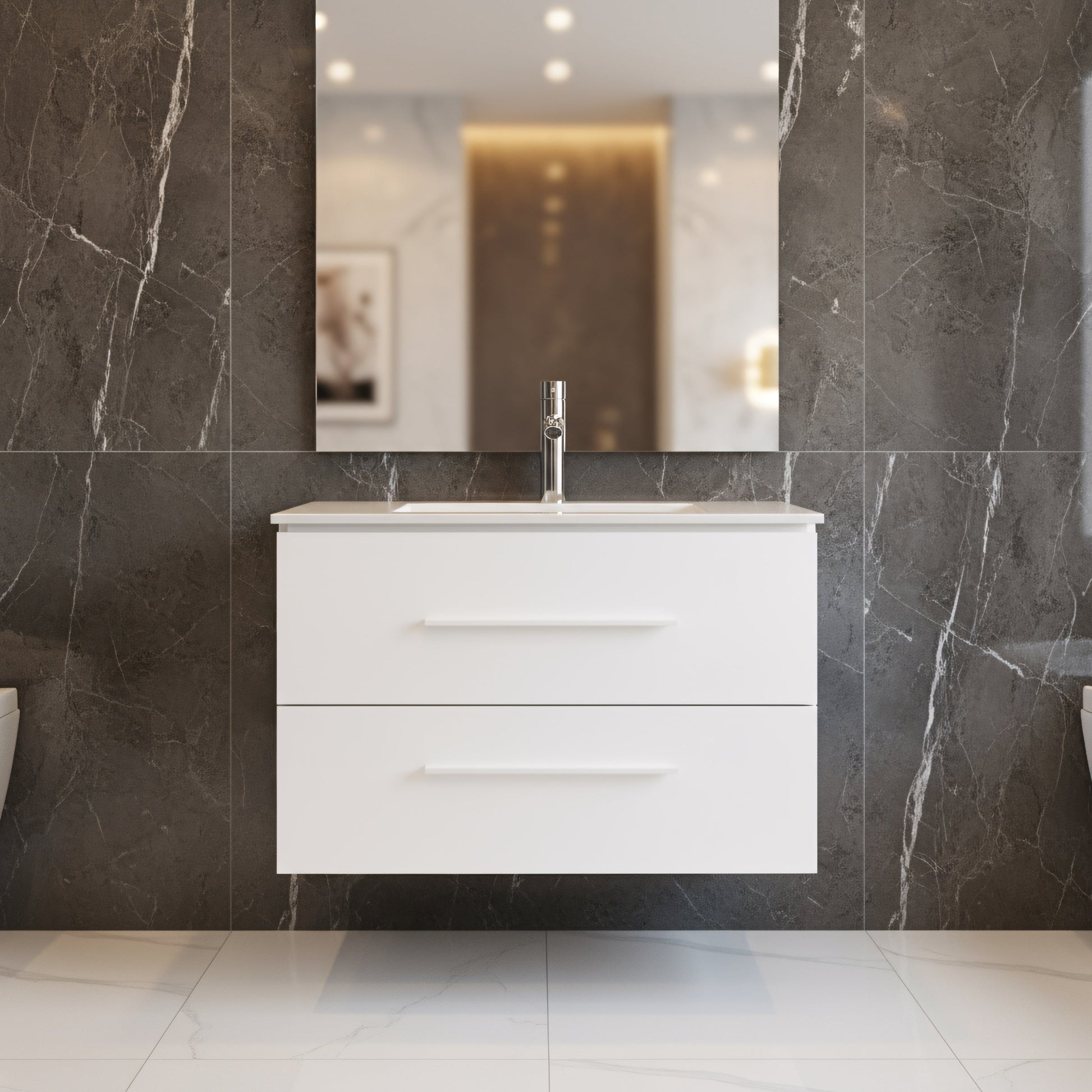 30" Matte White Wall Mount Bathroom Vanity with White Ceramic Countertop-Migration_Bathroom Vanities-DECOROLALA