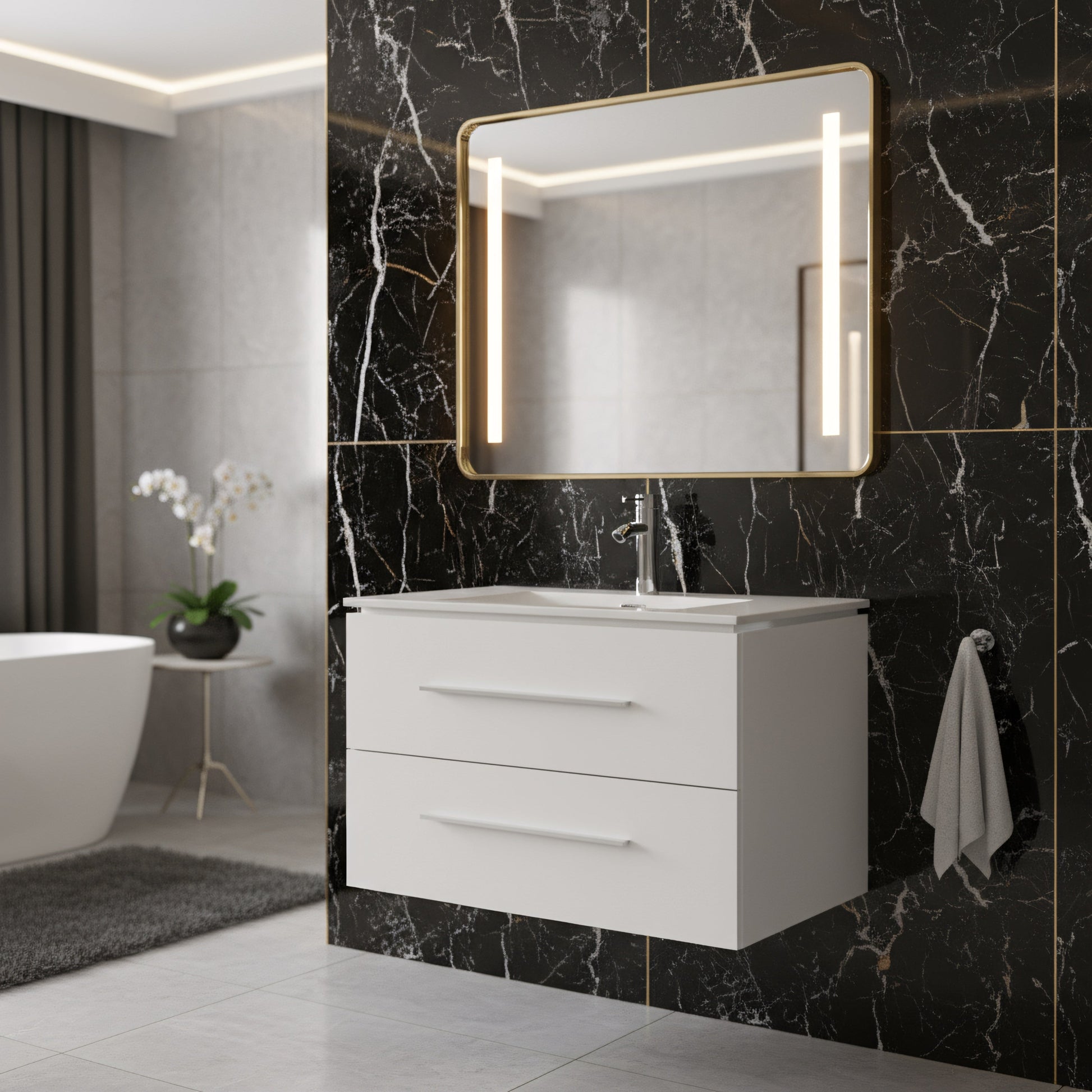 30" Matte White Wall Mount Bathroom Vanity with White Ceramic Countertop-Migration_Bathroom Vanities-DECOROLALA