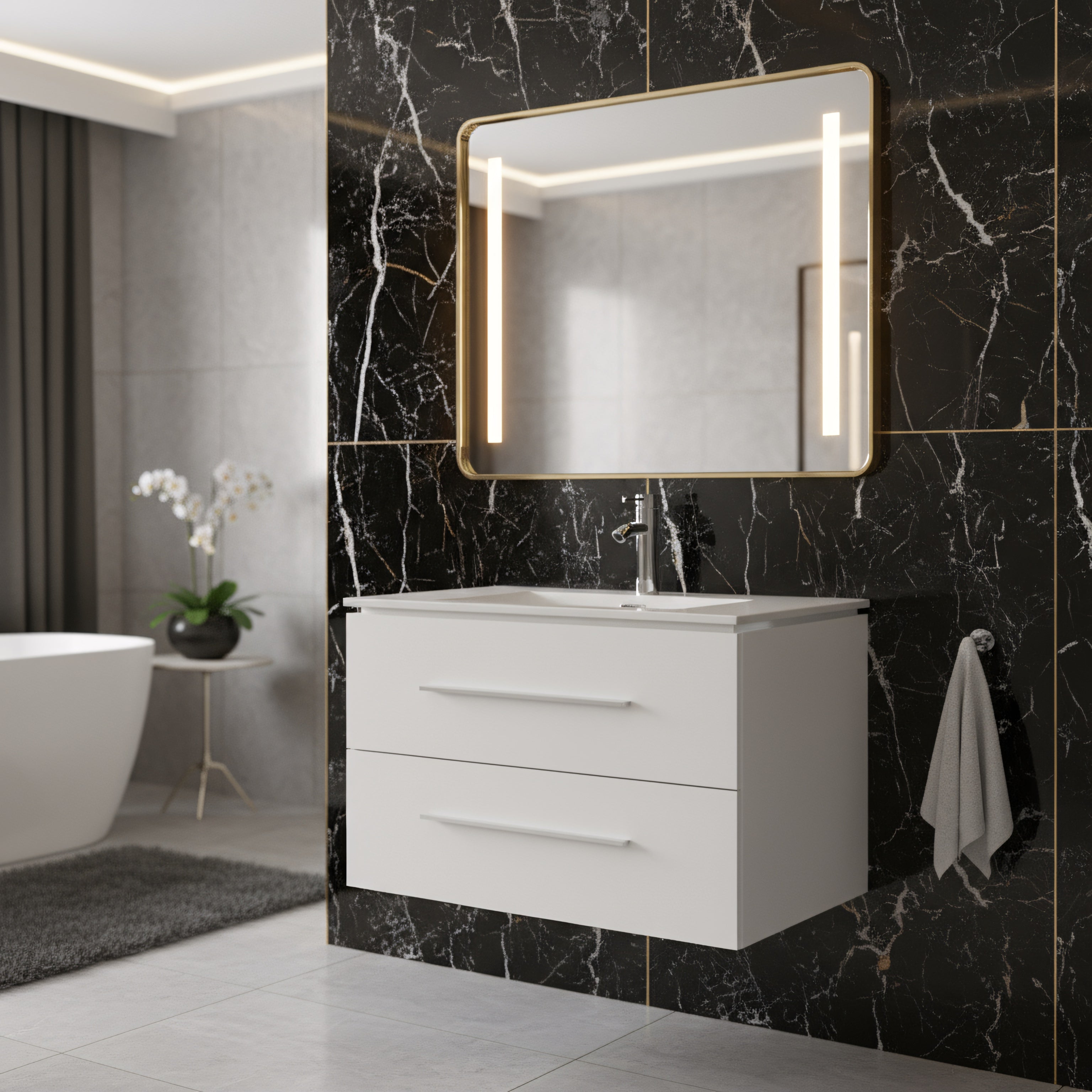 30" Matte White Wall Mount Bathroom Vanity with White Ceramic Countertop-Migration_Bathroom Vanities-DECOROLALA