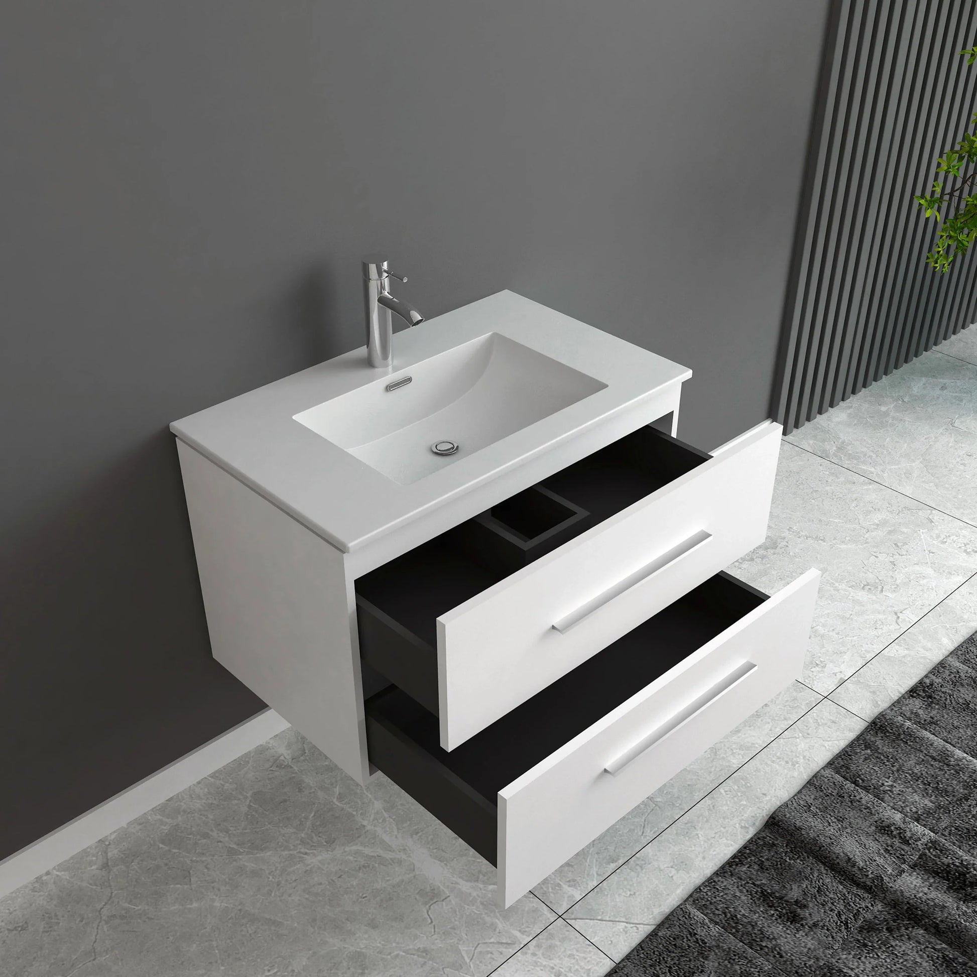 30" Matte White Wall Mount Single Sink Bathroom Vanity with White Ceramic Countertop-Migration_Bathroom Vanities-DECOROLALA