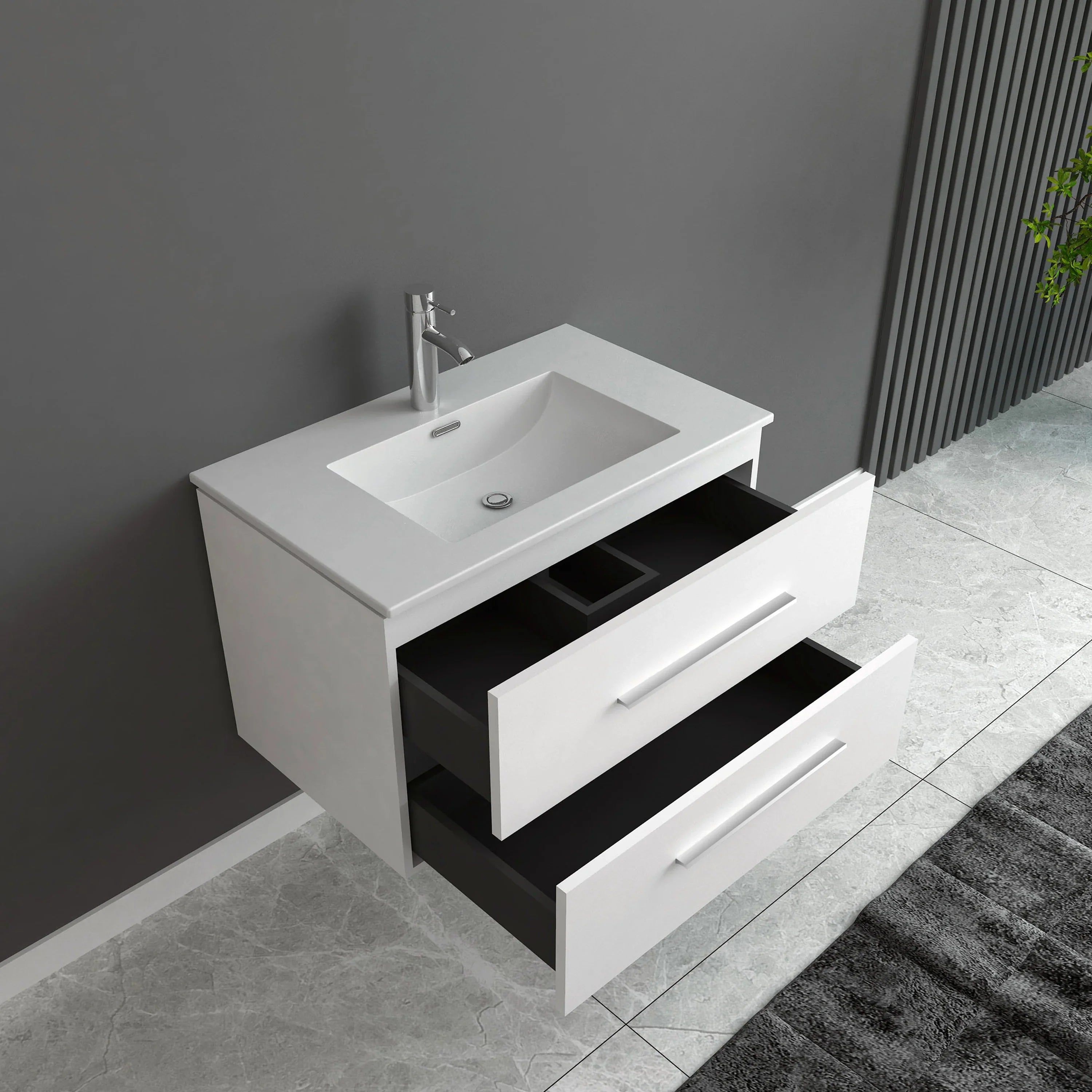 30" Matte White Wall Mount Single Sink Bathroom Vanity with White Ceramic Countertop-Migration_Bathroom Vanities-DECOROLALA