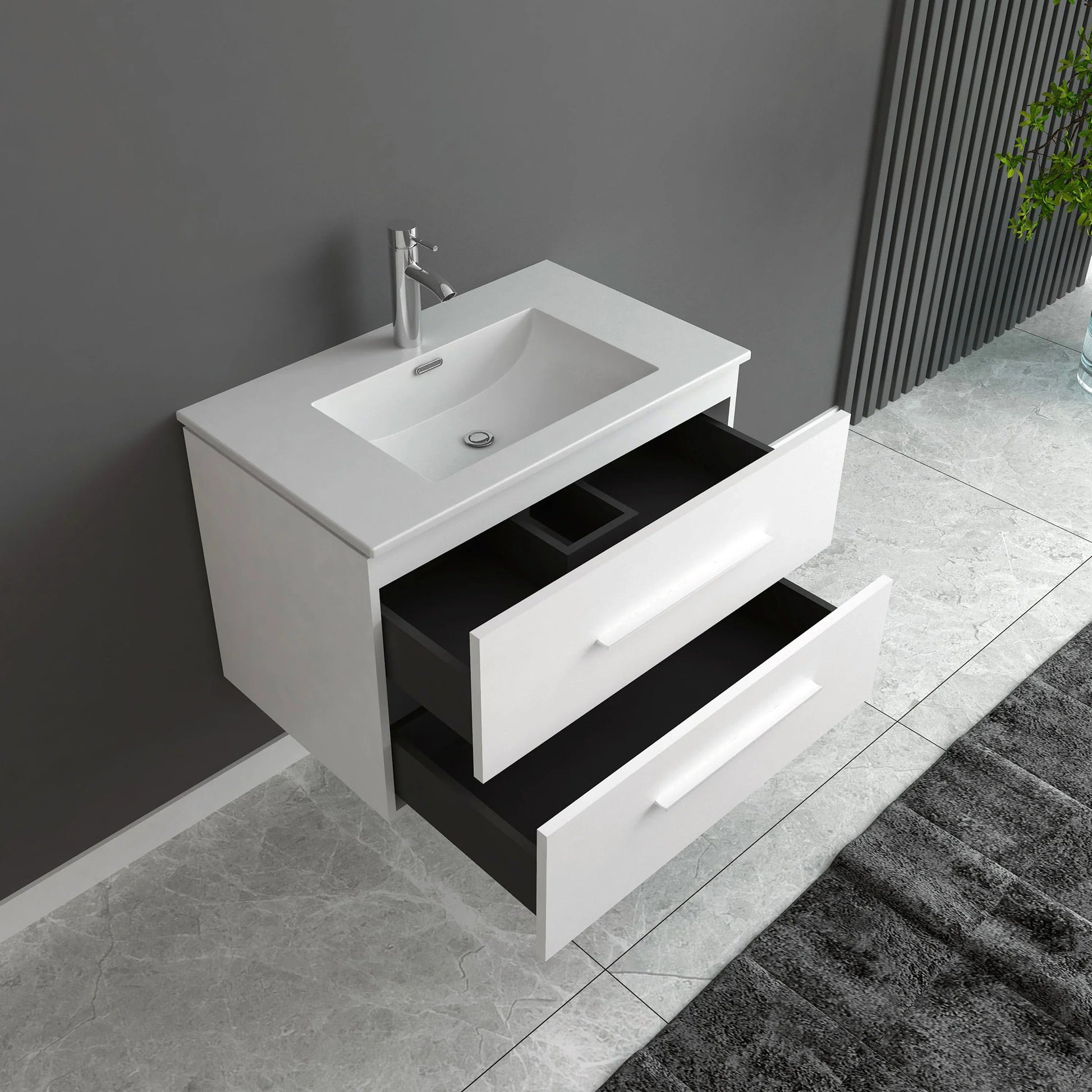 30" Matte White Wall Mount Single Sink Bathroom Vanity with White Ceramic Countertop-Migration_Bathroom Vanities-DECOROLALA