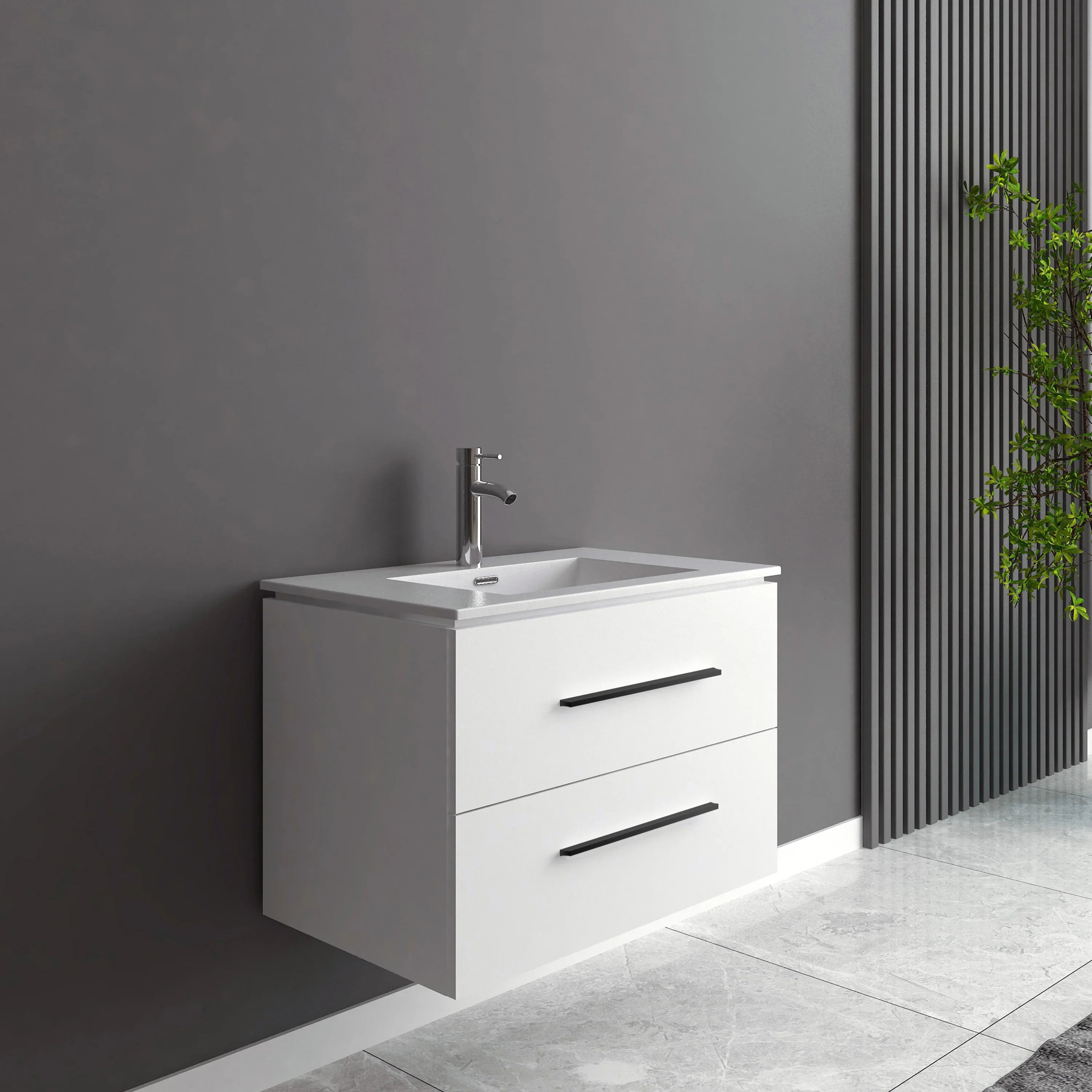 30" Matte White Wall Mount Single Sink Bathroom Vanity with White Ceramic Countertop-Migration_Bathroom Vanities-DECOROLALA