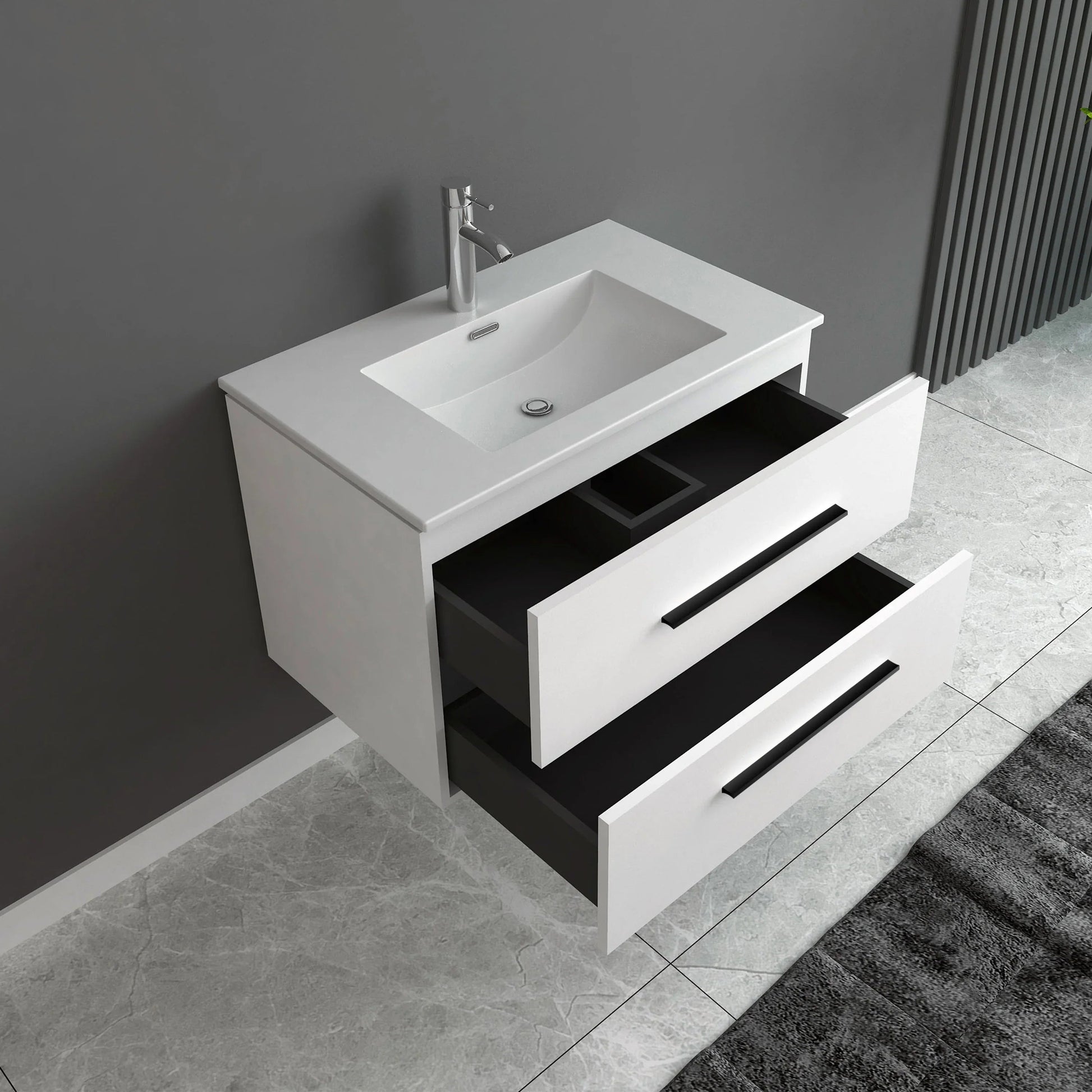 30" Matte White Wall Mount Single Sink Bathroom Vanity with White Ceramic Countertop-Migration_Bathroom Vanities-DECOROLALA