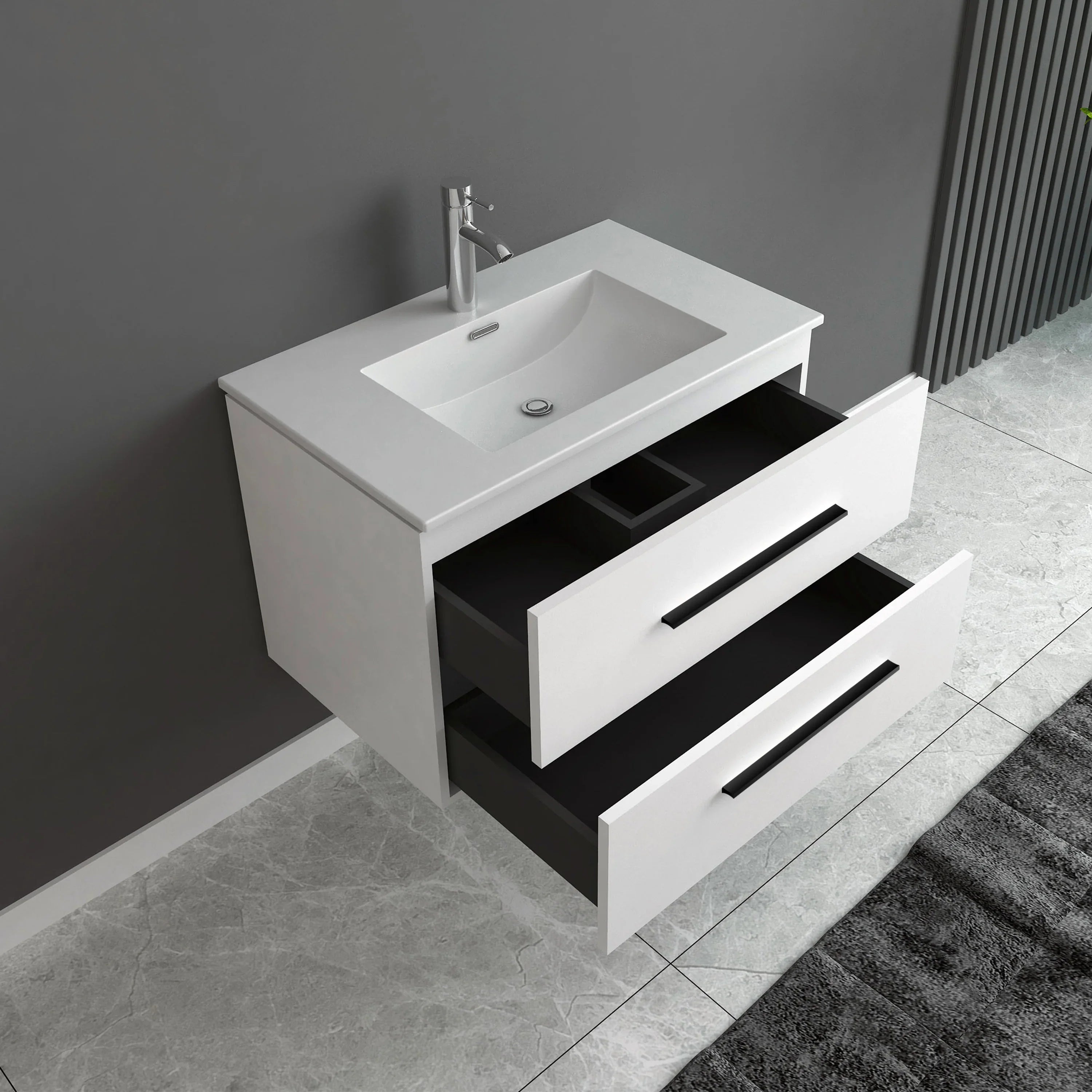 30" Matte White Wall Mount Single Sink Bathroom Vanity with White Ceramic Countertop-Migration_Bathroom Vanities-DECOROLALA