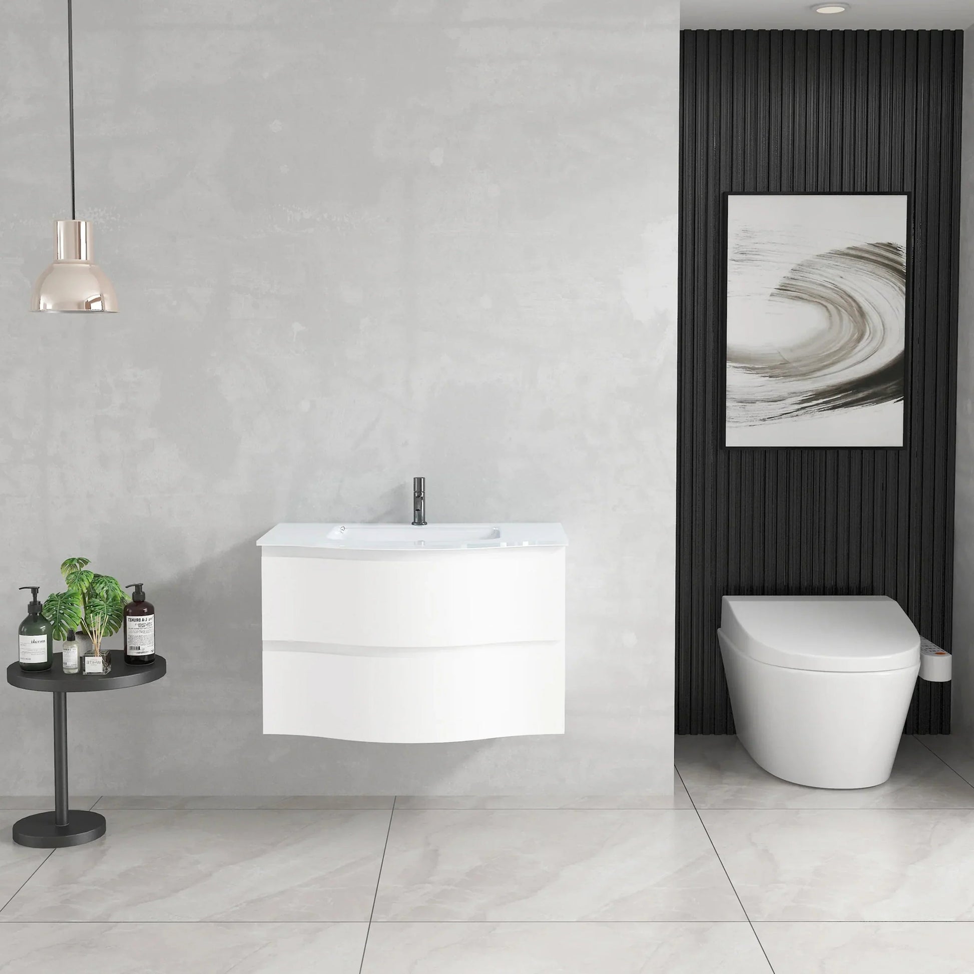 30" Matte White Wall Mount Single Sink Bathroom Vanity with White Glass Countertop-Migration_Bathroom Vanities-DECOROLALA