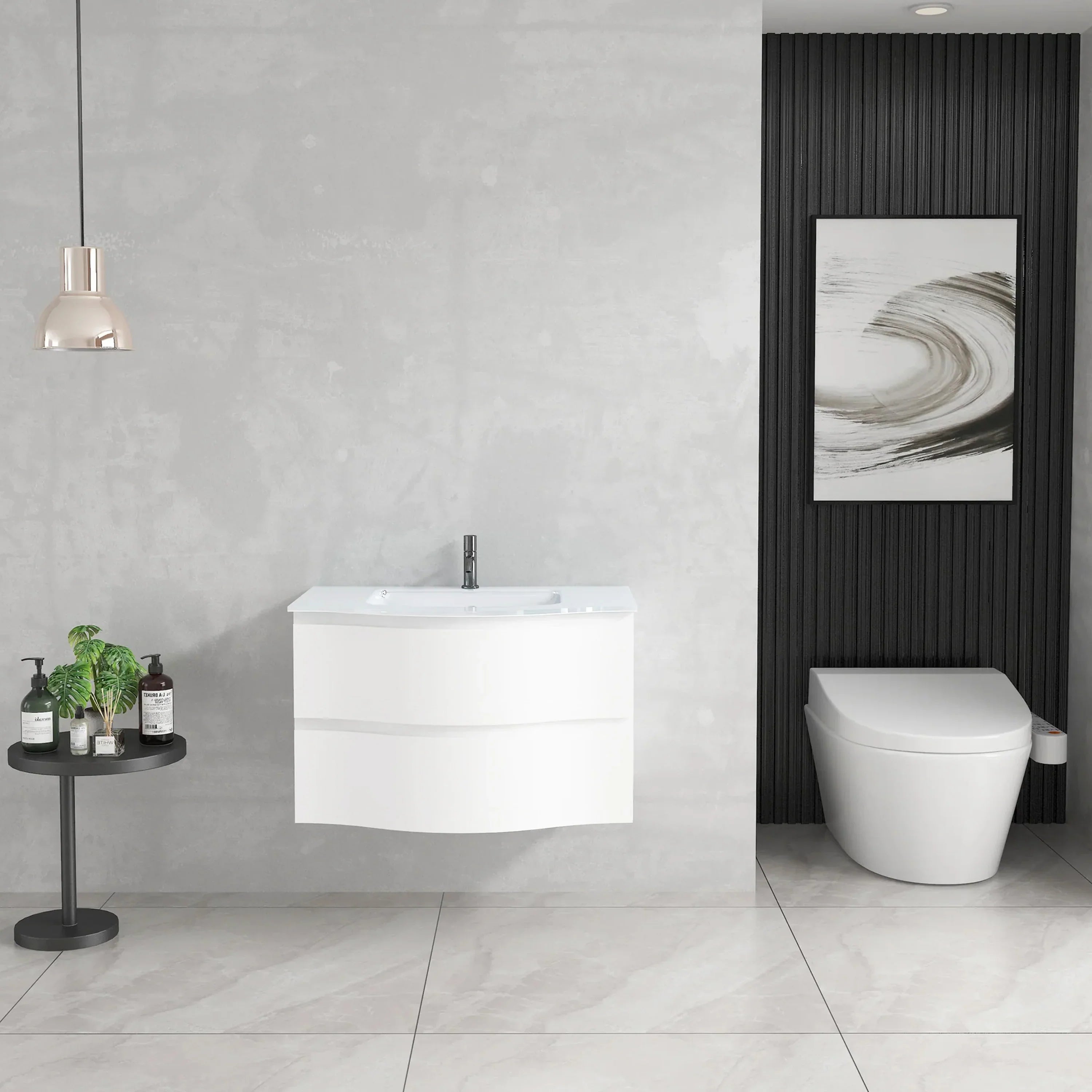 30" Matte White Wall Mount Single Sink Bathroom Vanity with White Glass Countertop-Migration_Bathroom Vanities-DECOROLALA