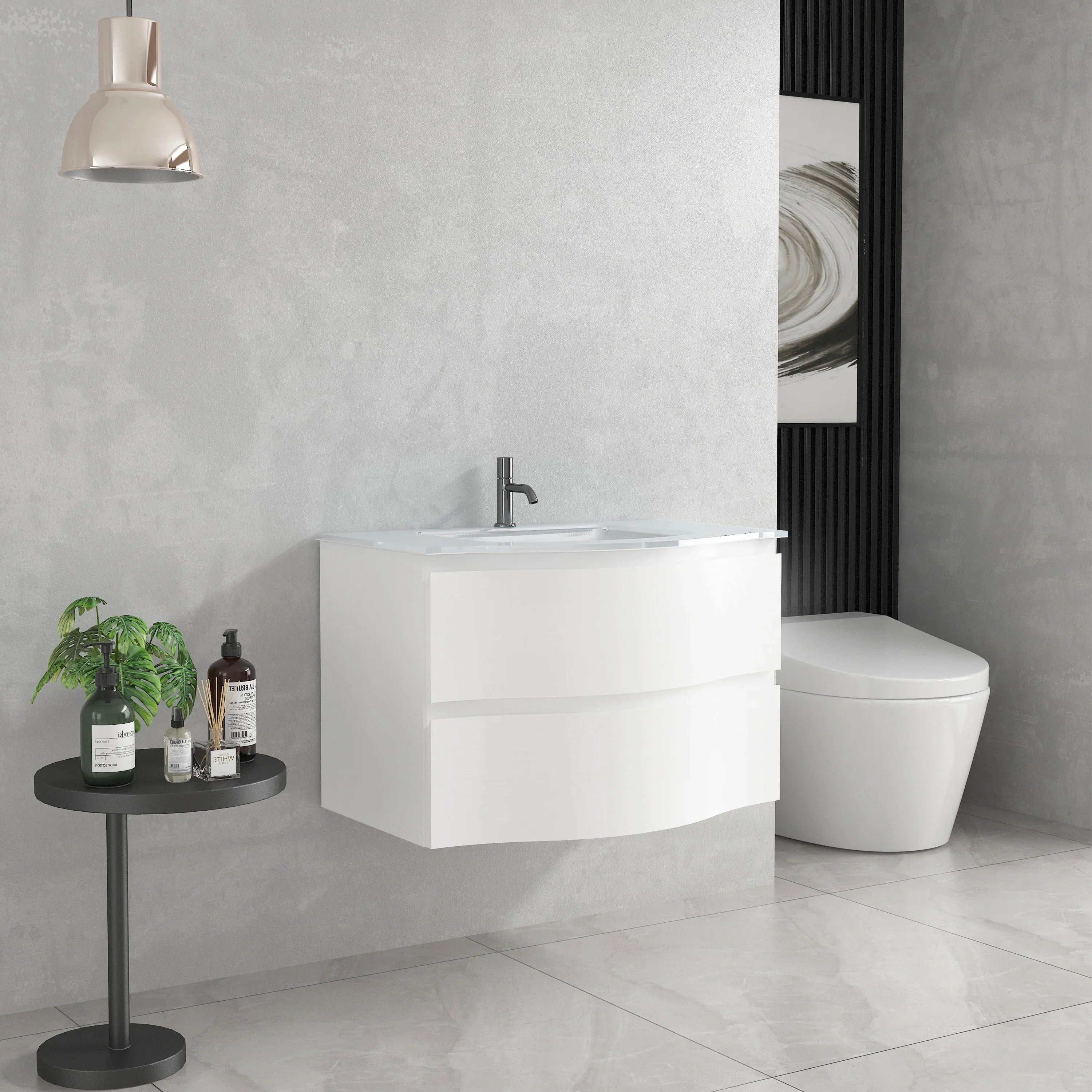 30" Matte White Wall Mount Single Sink Bathroom Vanity with White Glass Countertop-Migration_Bathroom Vanities-DECOROLALA