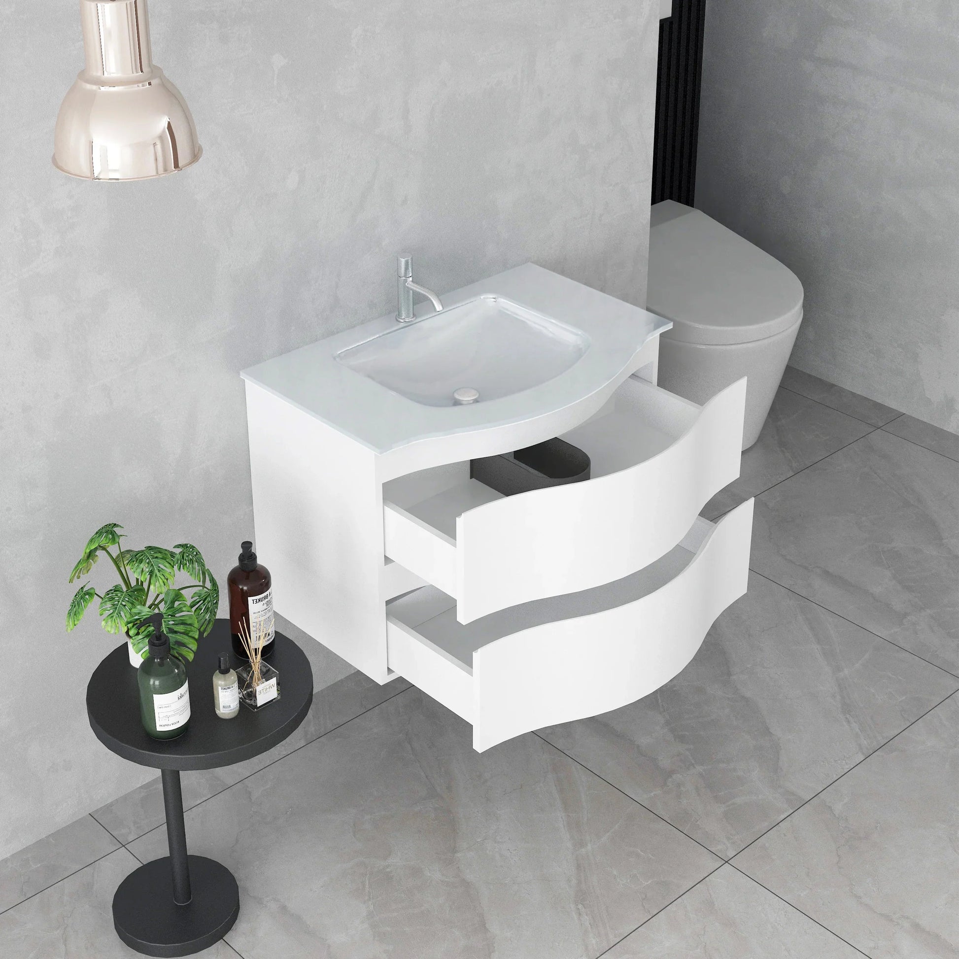 30" Matte White Wall Mount Single Sink Bathroom Vanity with White Glass Countertop-Migration_Bathroom Vanities-DECOROLALA
