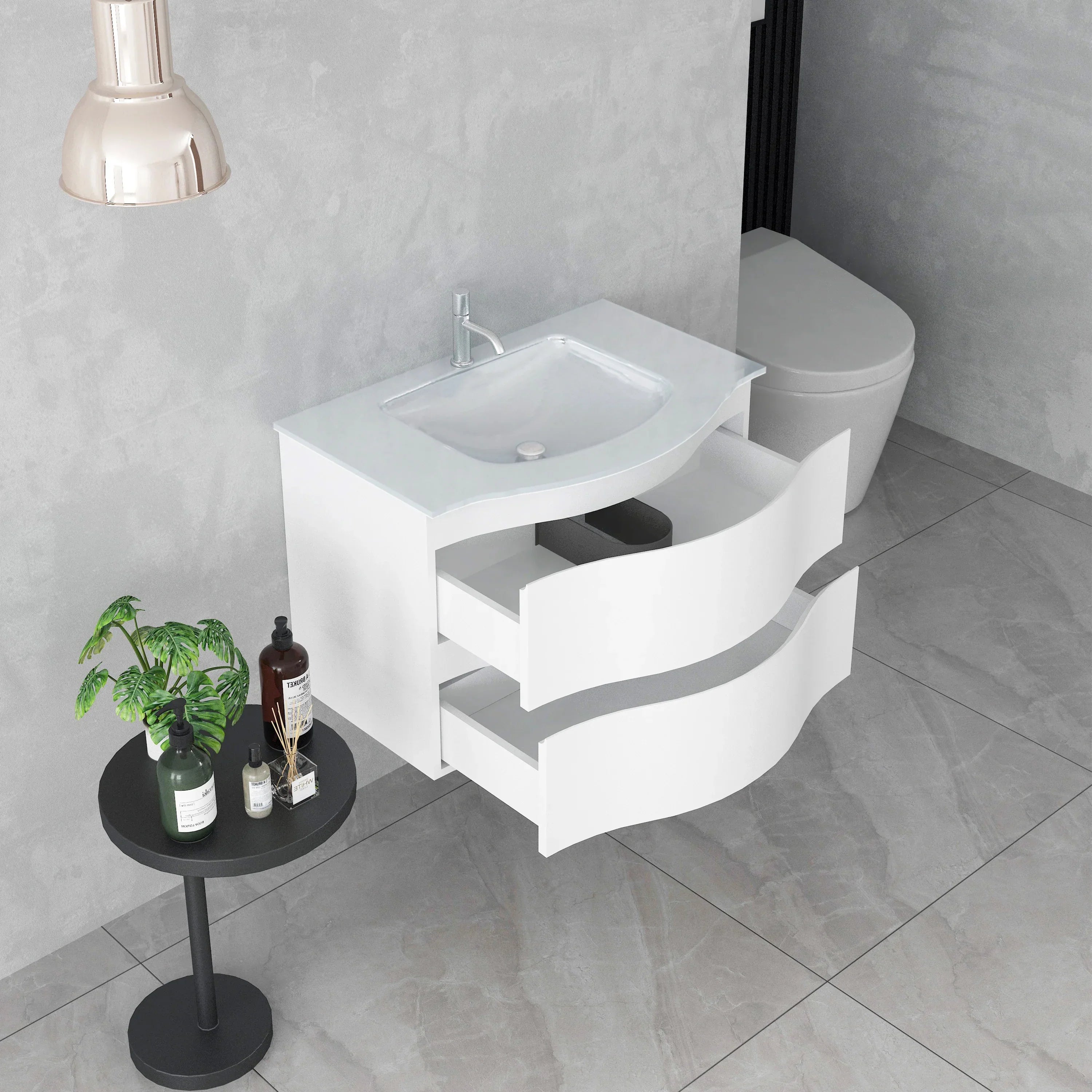 30" Matte White Wall Mount Single Sink Bathroom Vanity with White Glass Countertop-Migration_Bathroom Vanities-DECOROLALA