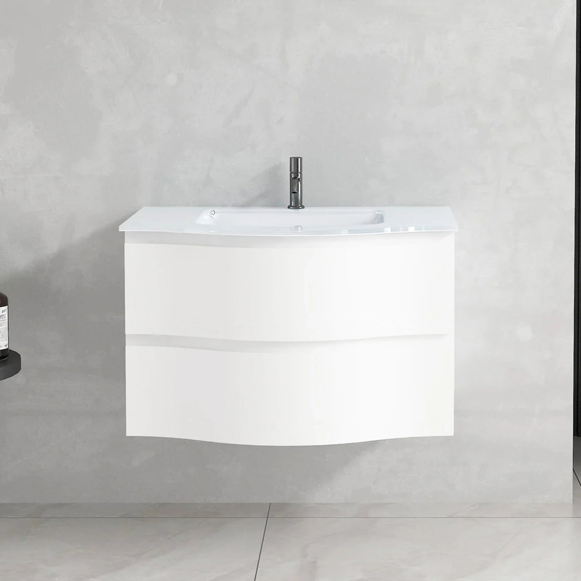 30" Matte White Wall Mount Single Sink Bathroom Vanity with White Glass Countertop-Migration_Bathroom Vanities-DECOROLALA
