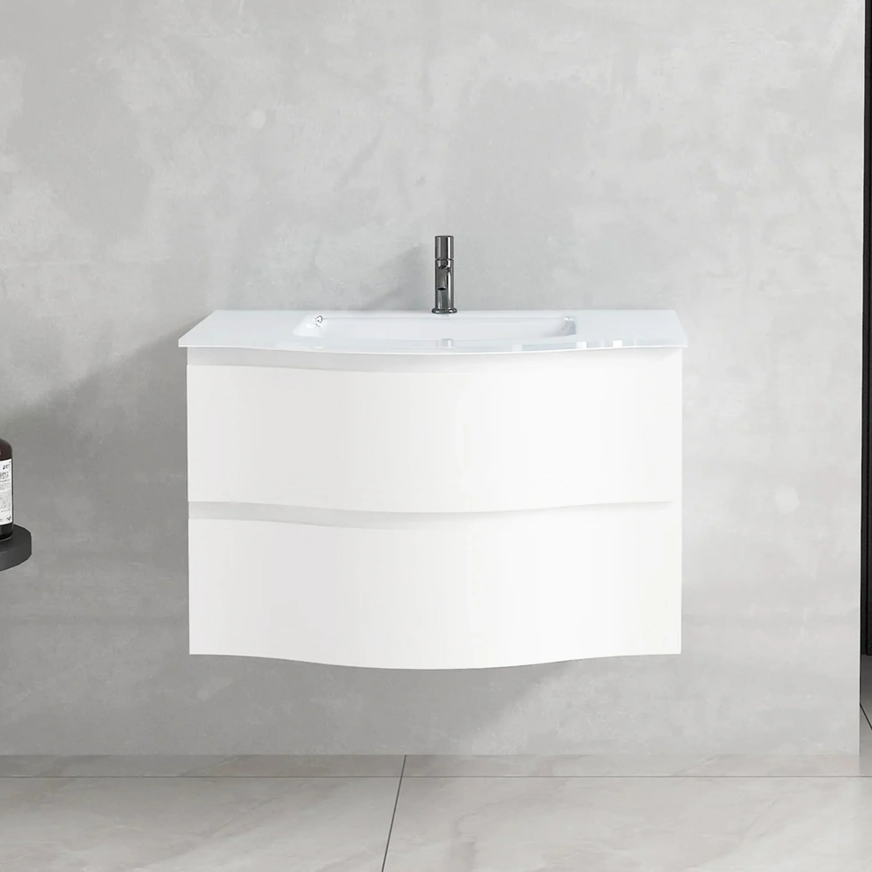 30" Matte White Wall Mount Single Sink Bathroom Vanity with White Glass Countertop-Migration_Bathroom Vanities-DECOROLALA