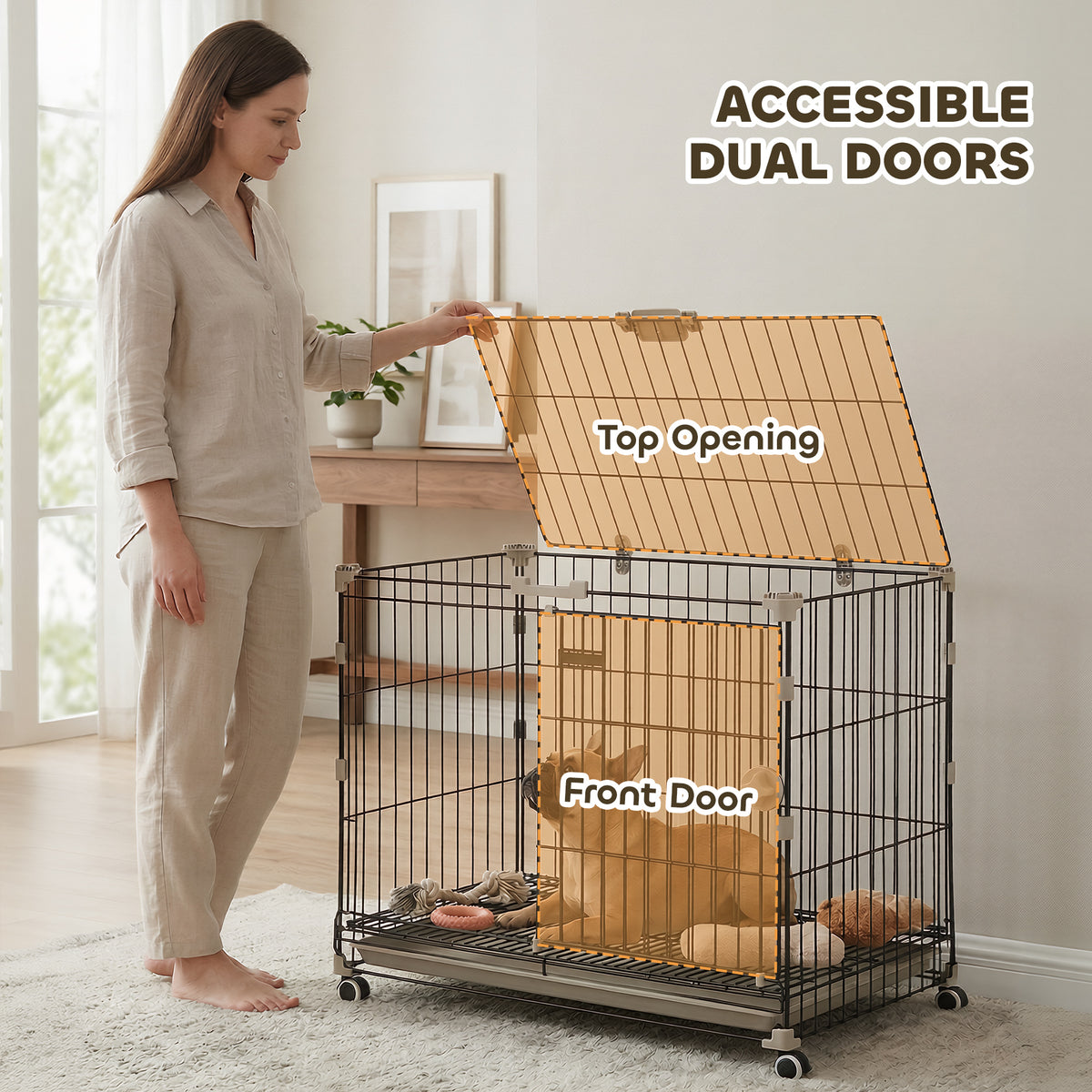 30" Metal Dog Crate with Wheels and Removable Tray - Black-Dogs-DECOROLALA