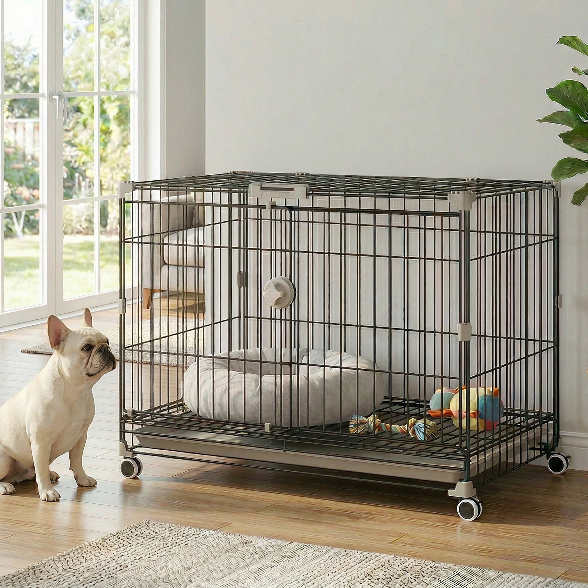 30" Metal Dog Crate with Wheels and Removable Tray - Black-Dogs-DECOROLALA