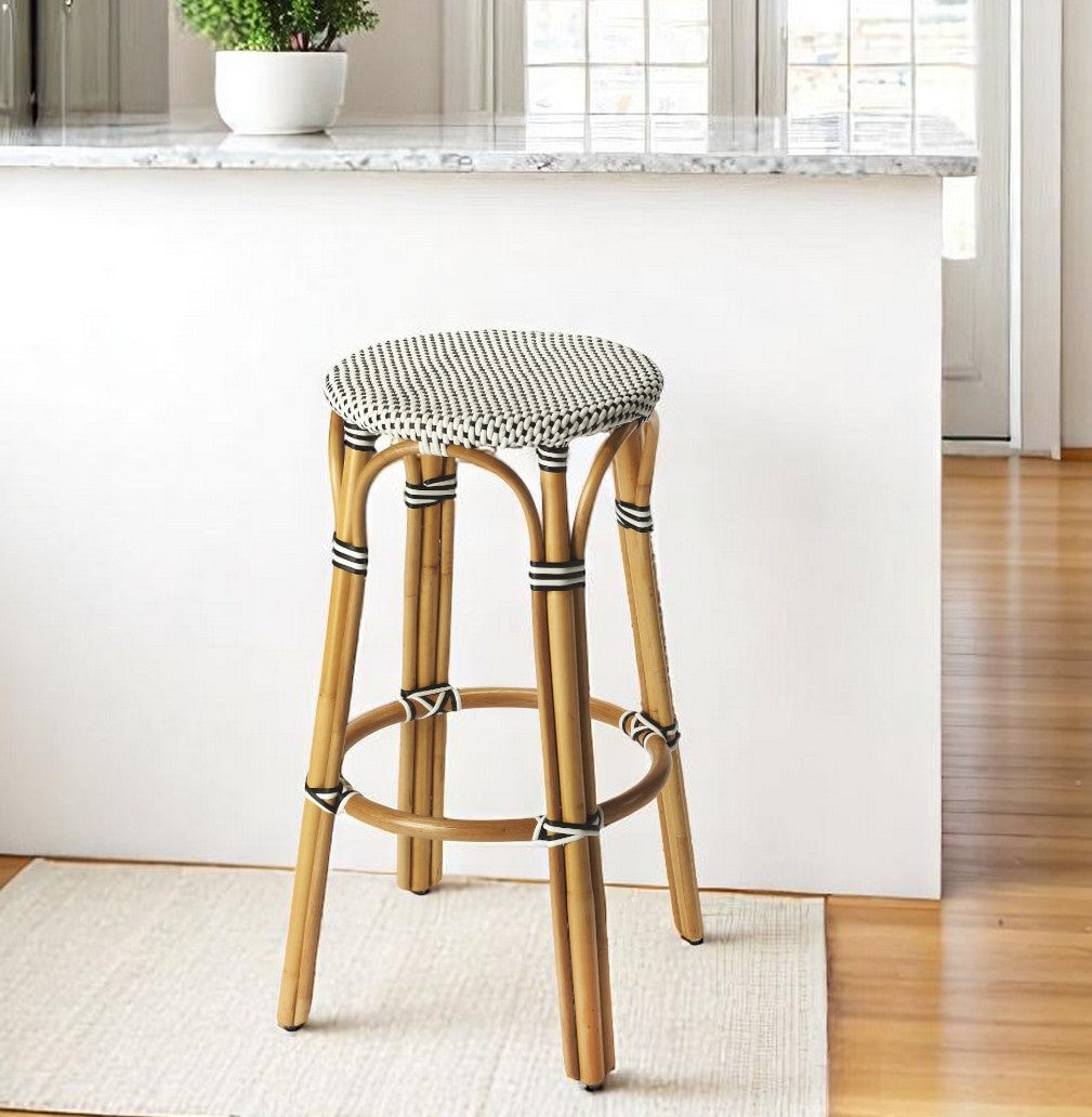 30" Natural Black and White Rattan Backless Bar Height Bar Chair-Bar Chairs-DECOROLALA