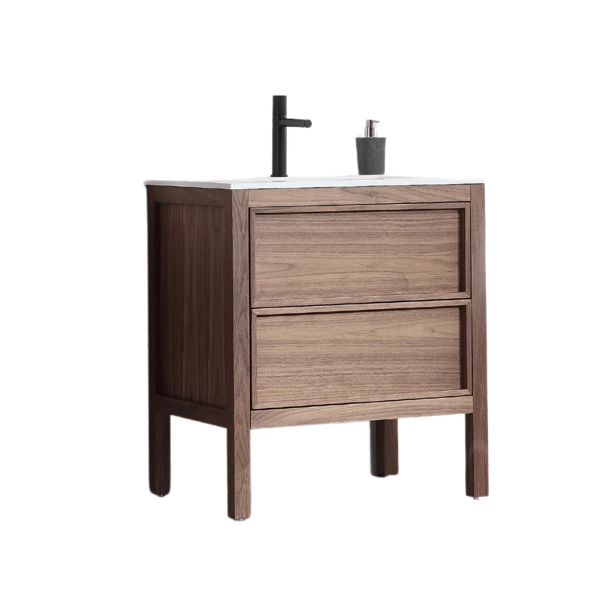 30" Natural Walnut Freestanding Bathroom Vanity with White Solid surface Countertop-Migration_Bathroom Vanities-DECOROLALA