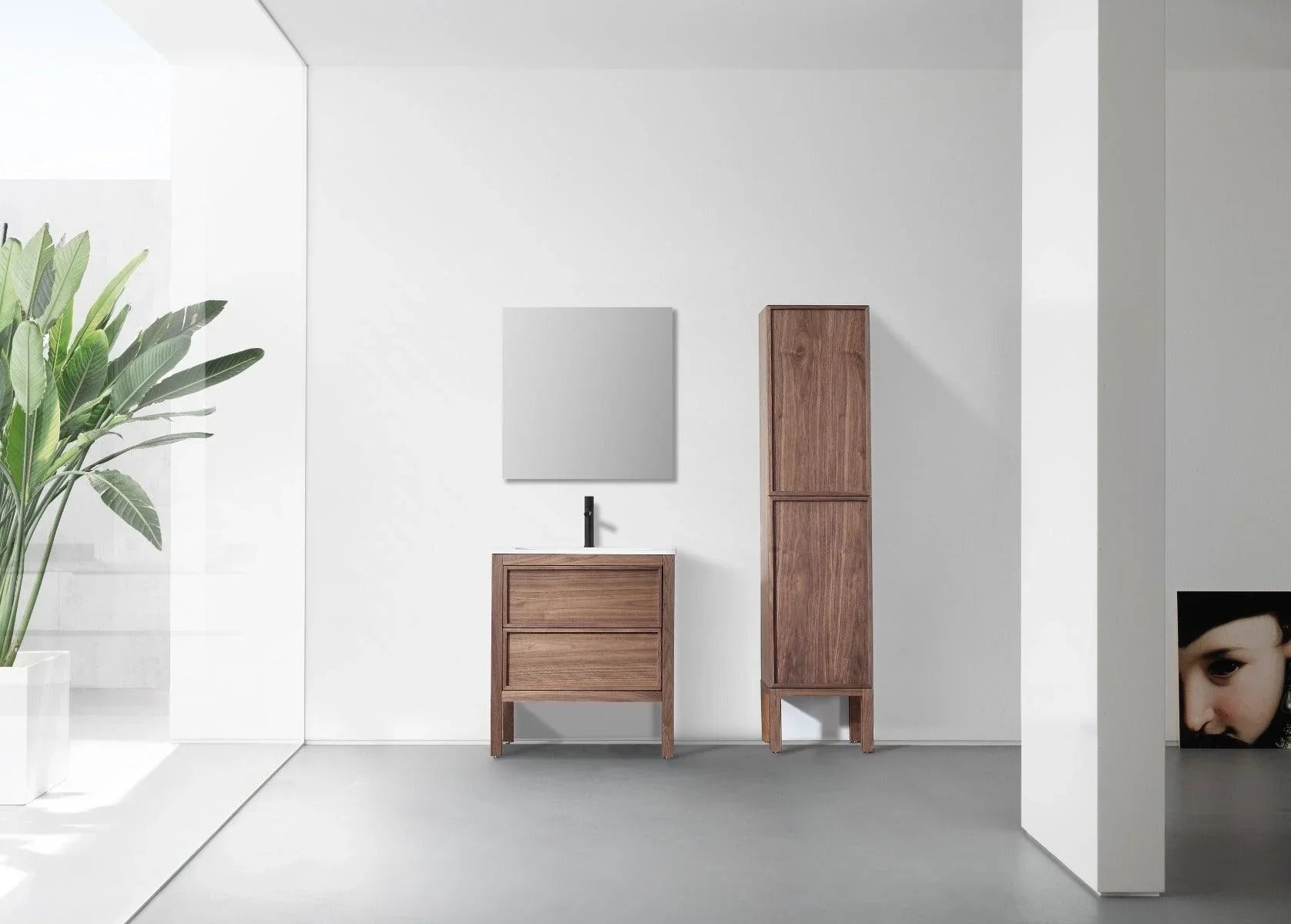 30" Natural Walnut Freestanding Bathroom Vanity with White Solid surface Countertop-Migration_Bathroom Vanities-DECOROLALA