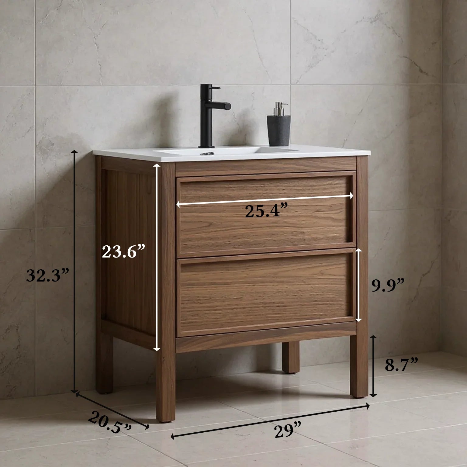 30" Natural Walnut Freestanding Bathroom Vanity with White Solid surface Countertop-Migration_Bathroom Vanities-DECOROLALA