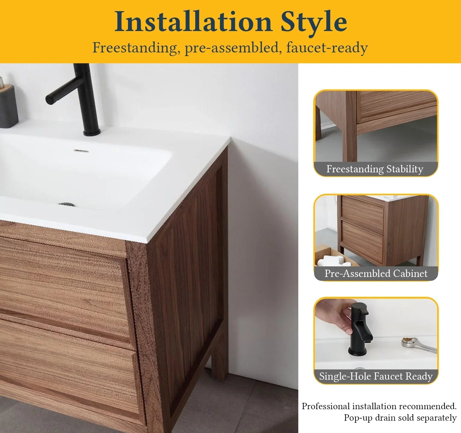 30" Natural Walnut Freestanding Bathroom Vanity with White Solid surface Countertop-Migration_Bathroom Vanities-DECOROLALA