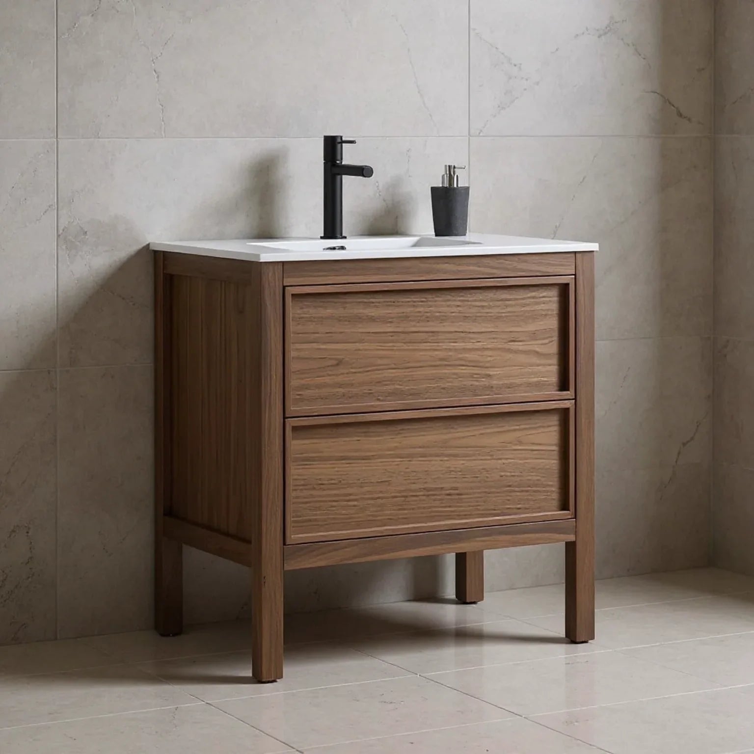 30" Natural Walnut Freestanding Bathroom Vanity with White Solid surface Countertop-Migration_Bathroom Vanities-DECOROLALA