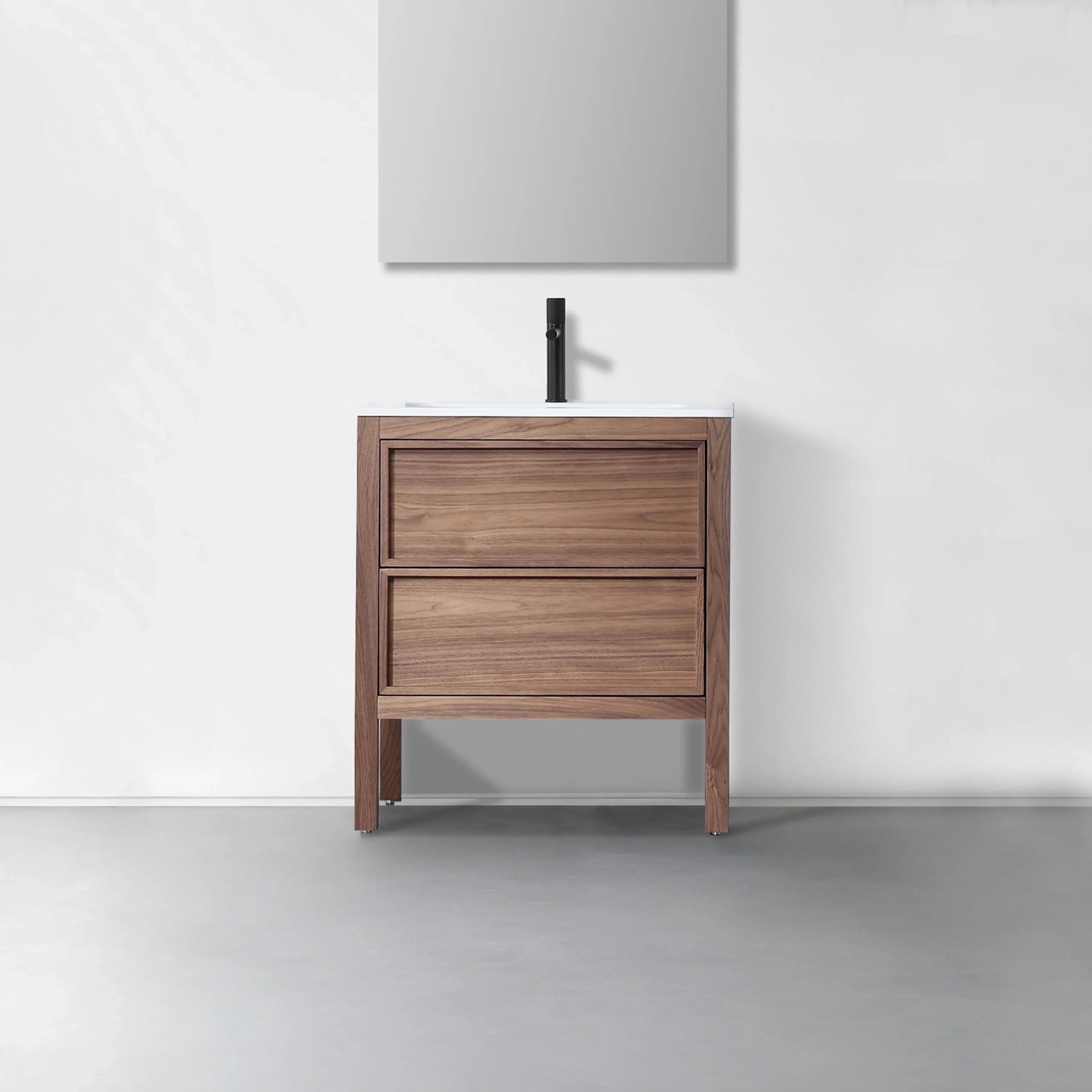 30" Natural Walnut Freestanding Bathroom Vanity with White Solid surface Countertop-Migration_Bathroom Vanities-DECOROLALA