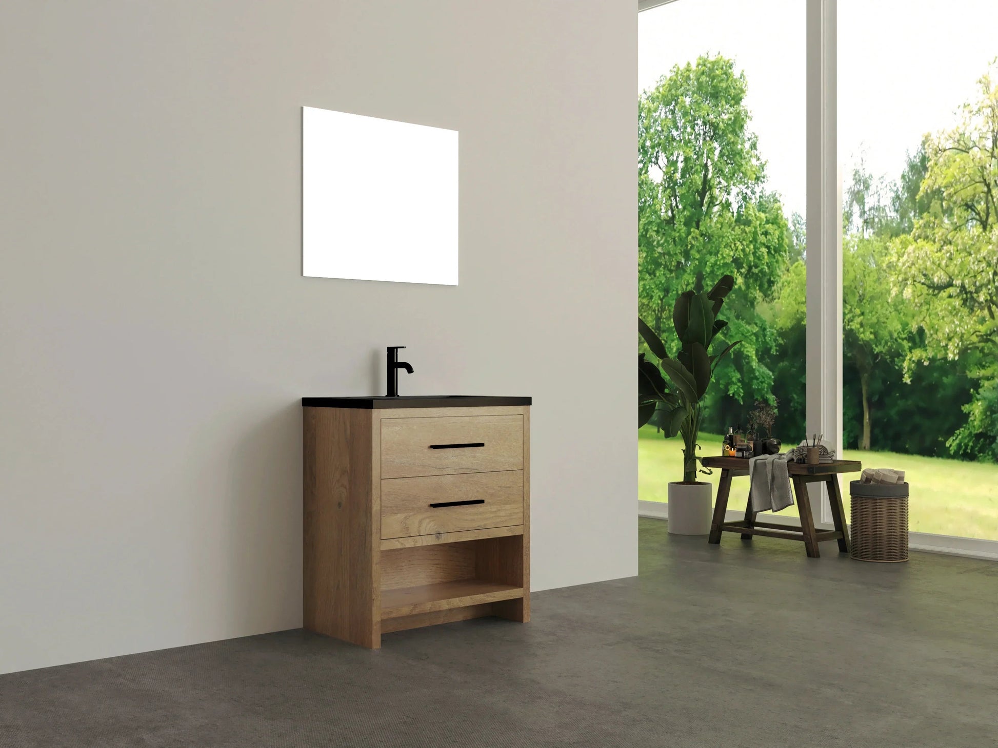 30" Rough Oak Freestanding Bathroom Vanity with Black Engineered Quartz Countertop-Migration_Bathroom Vanities-DECOROLALA