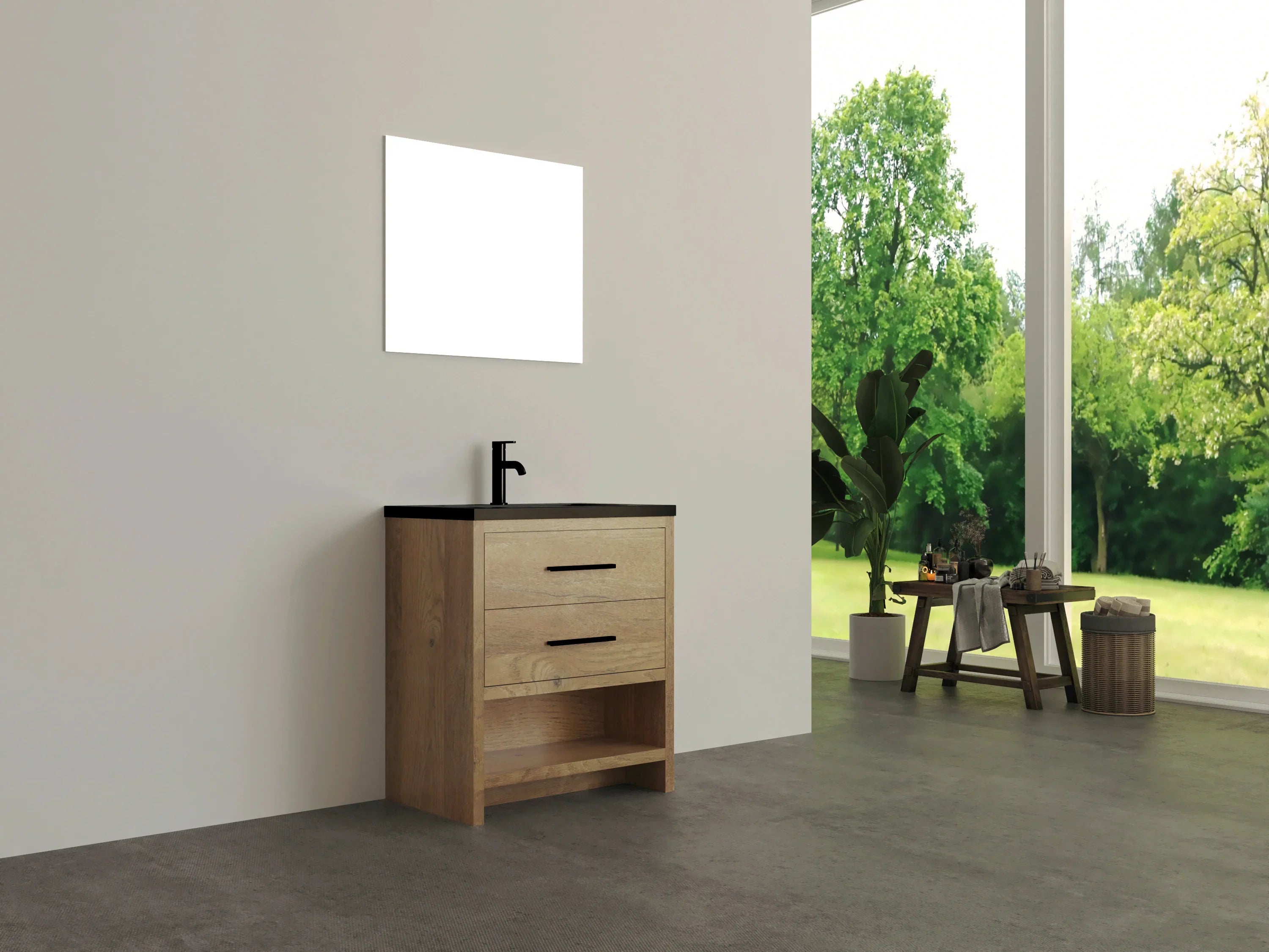 30" Rough Oak Freestanding Bathroom Vanity with Black Engineered Quartz Countertop-Migration_Bathroom Vanities-DECOROLALA