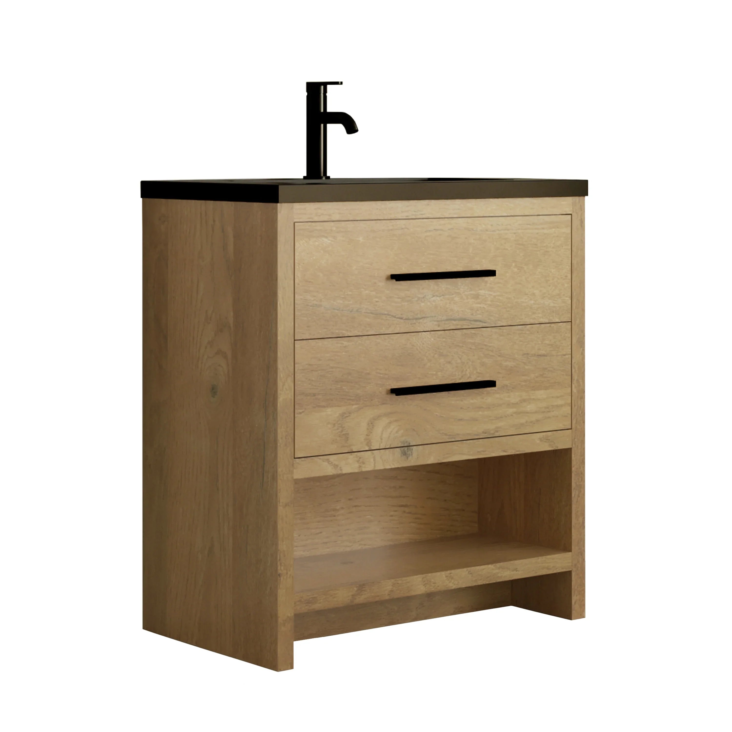 30" Rough Oak Freestanding Bathroom Vanity with Black Engineered Quartz Countertop-Migration_Bathroom Vanities-DECOROLALA