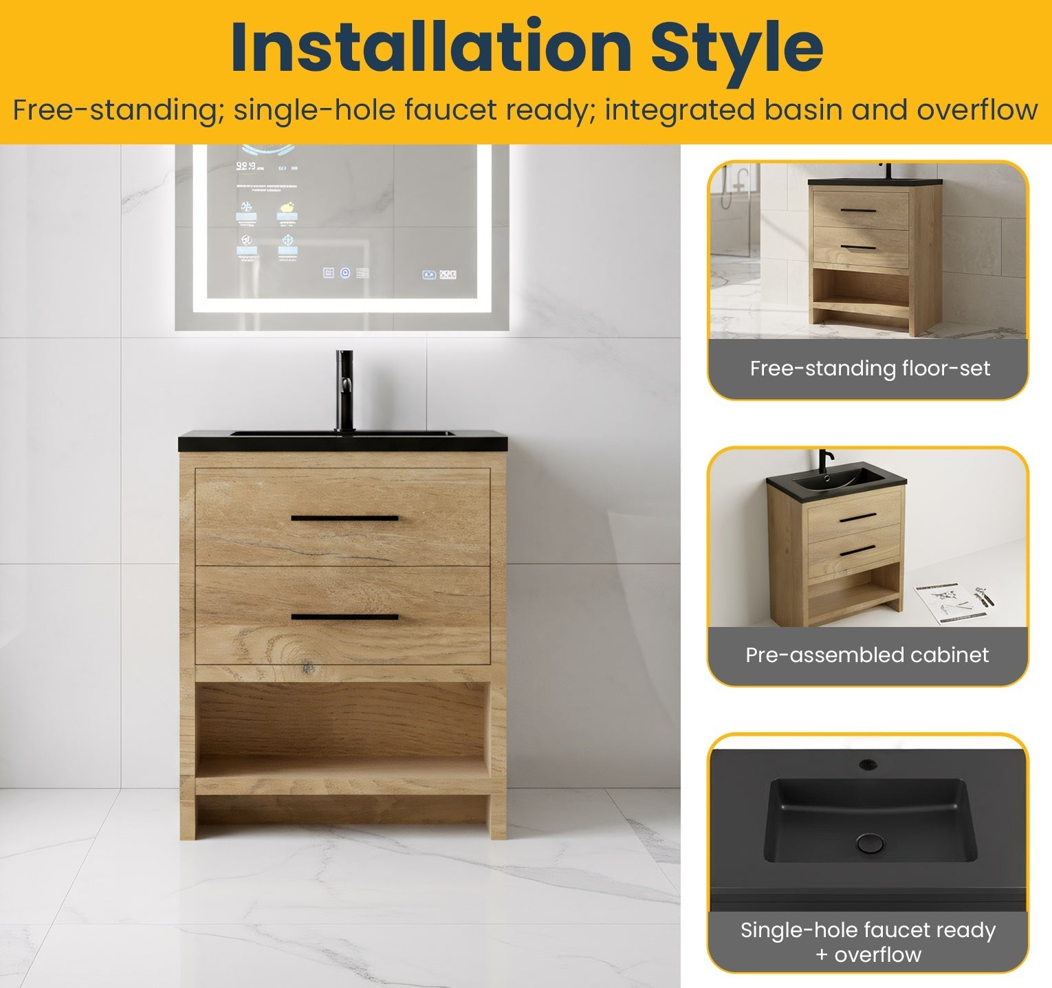 30" Rough Oak Freestanding Bathroom Vanity with Black Engineered Quartz Countertop-Migration_Bathroom Vanities-DECOROLALA