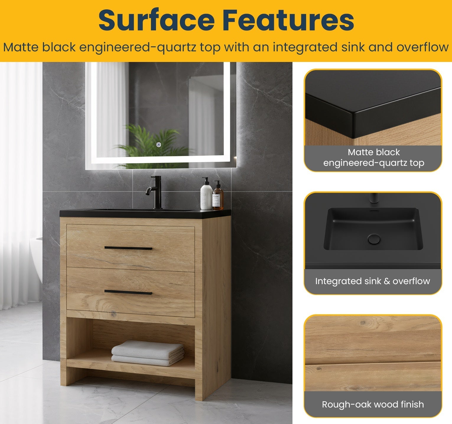 30" Rough Oak Freestanding Bathroom Vanity with Black Engineered Quartz Countertop-Migration_Bathroom Vanities-DECOROLALA